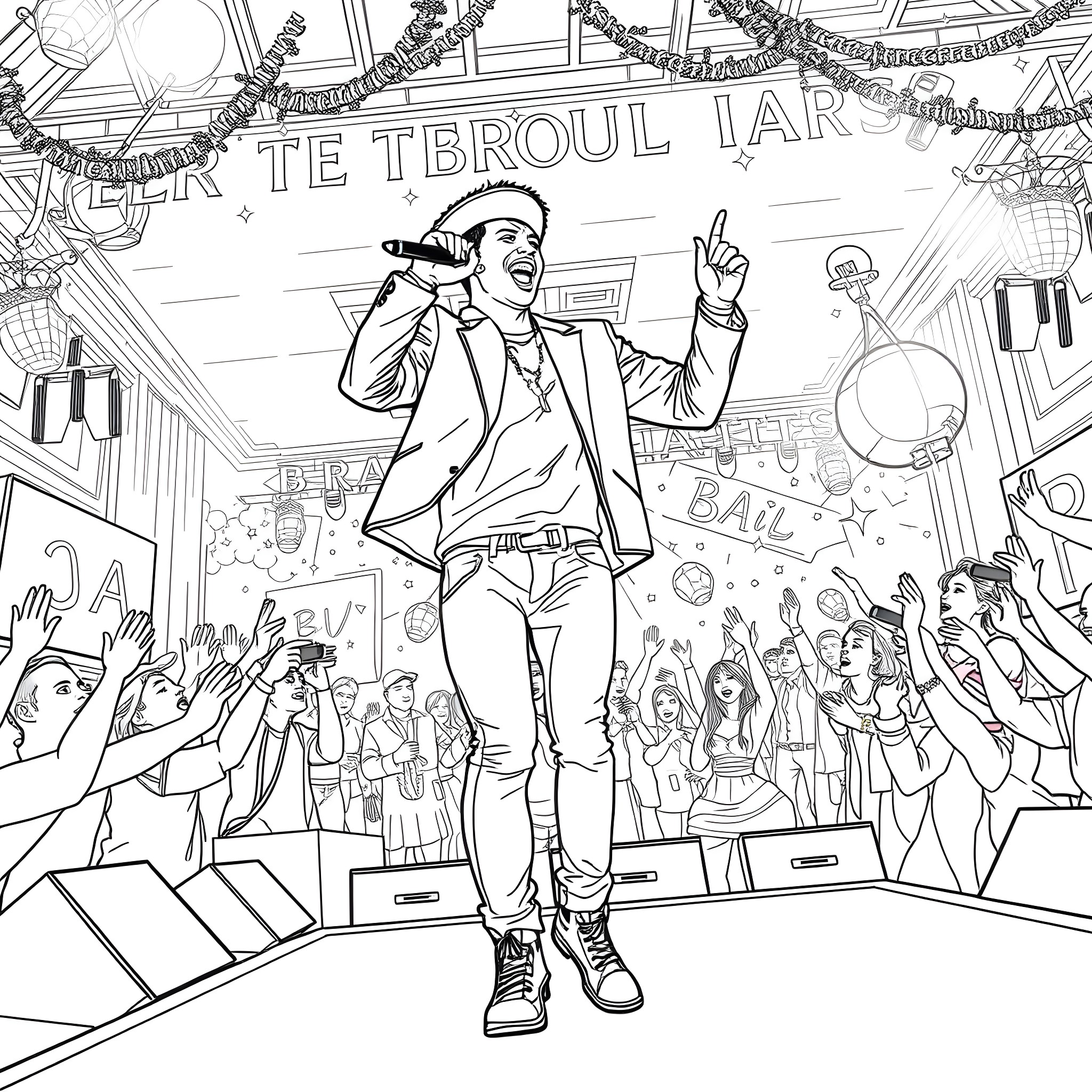 Bruno Mars Performing Energetically on Stage Coloring Page (free black-and-white line drawing printable PDF for all, from beginners to advanced learners, including children, teens, adults, and seniors)