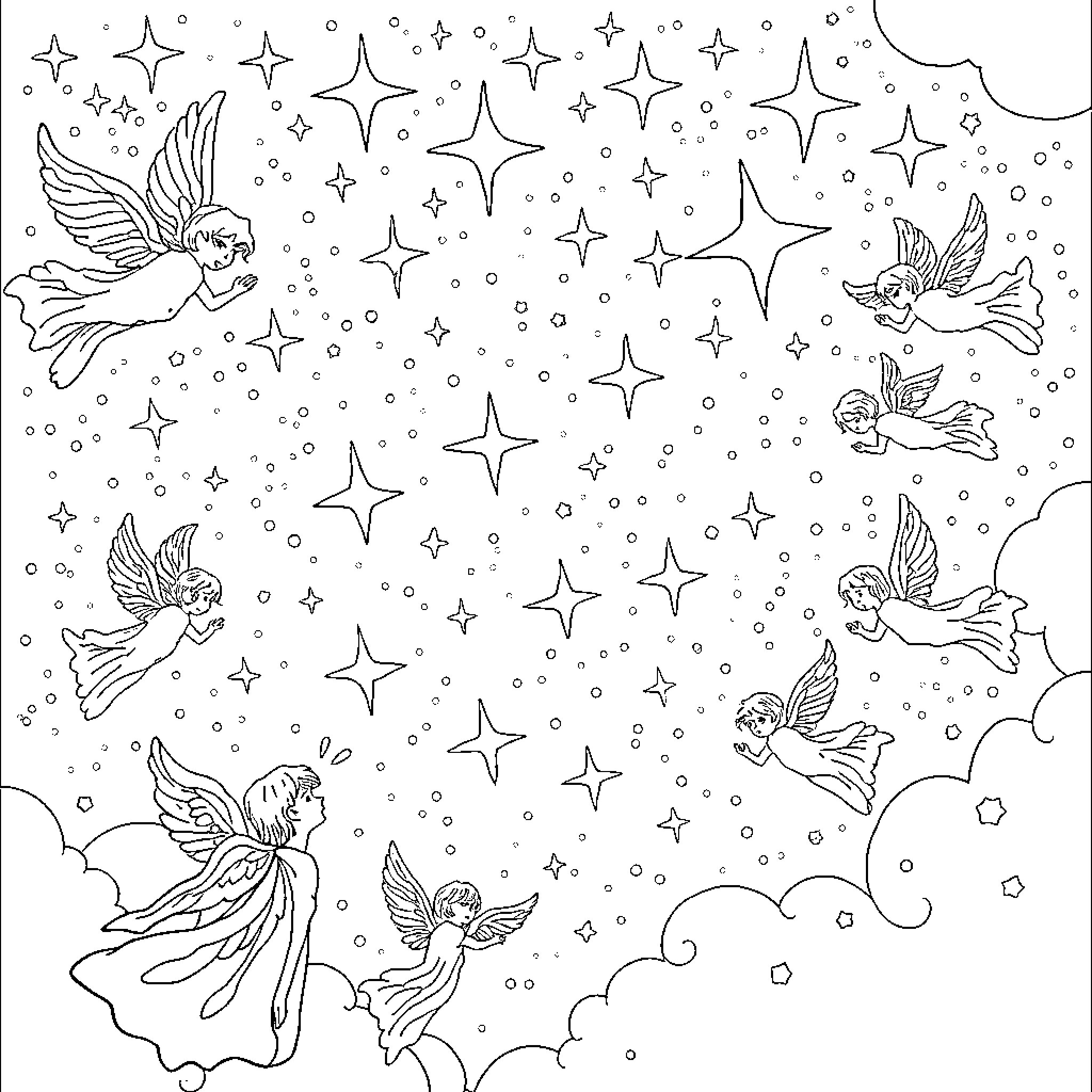 Angel fairies dancing in the starry night sky Coloring Page (free black-and-white line drawing printable PDF for all, from beginners to advanced learners, including children, teens, adults, and seniors)