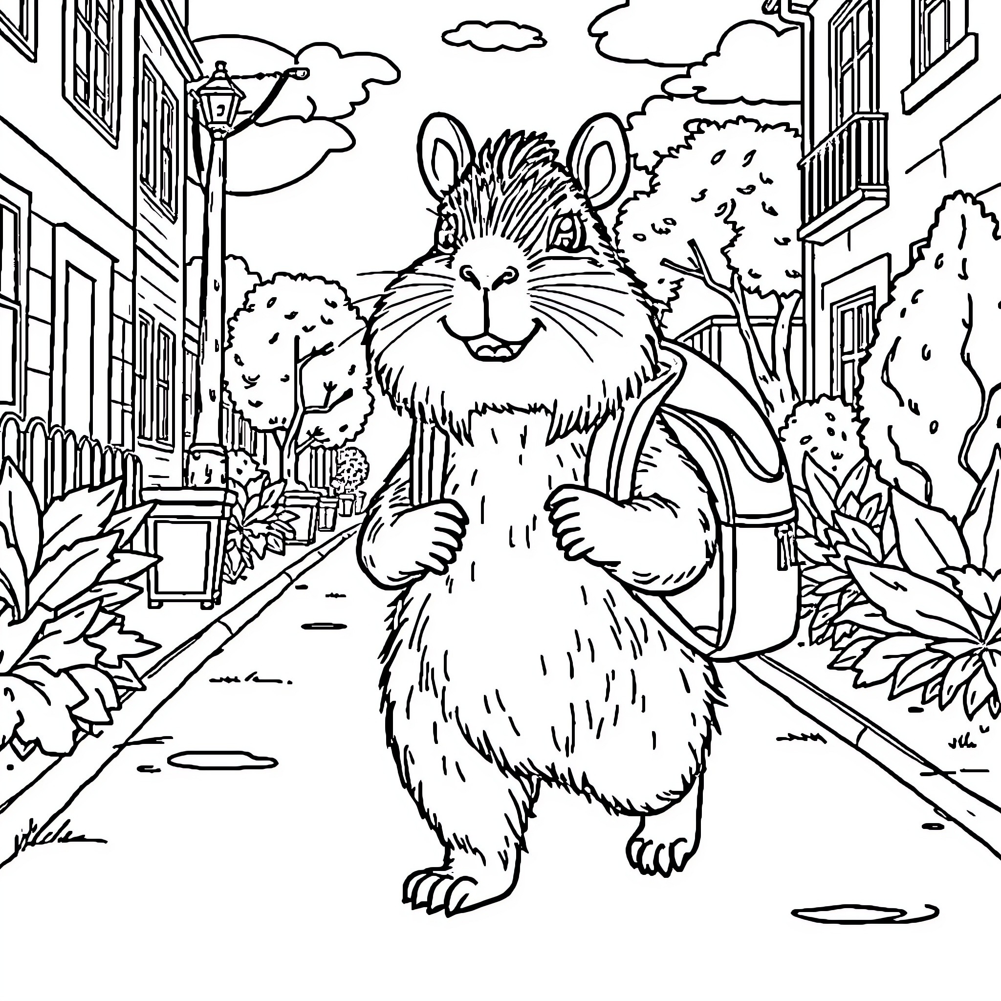 Capybara exploring the city streets Coloring Page (free black-and-white line drawing printable PDF for all, from beginners to advanced learners, including children, teens, adults, and seniors)