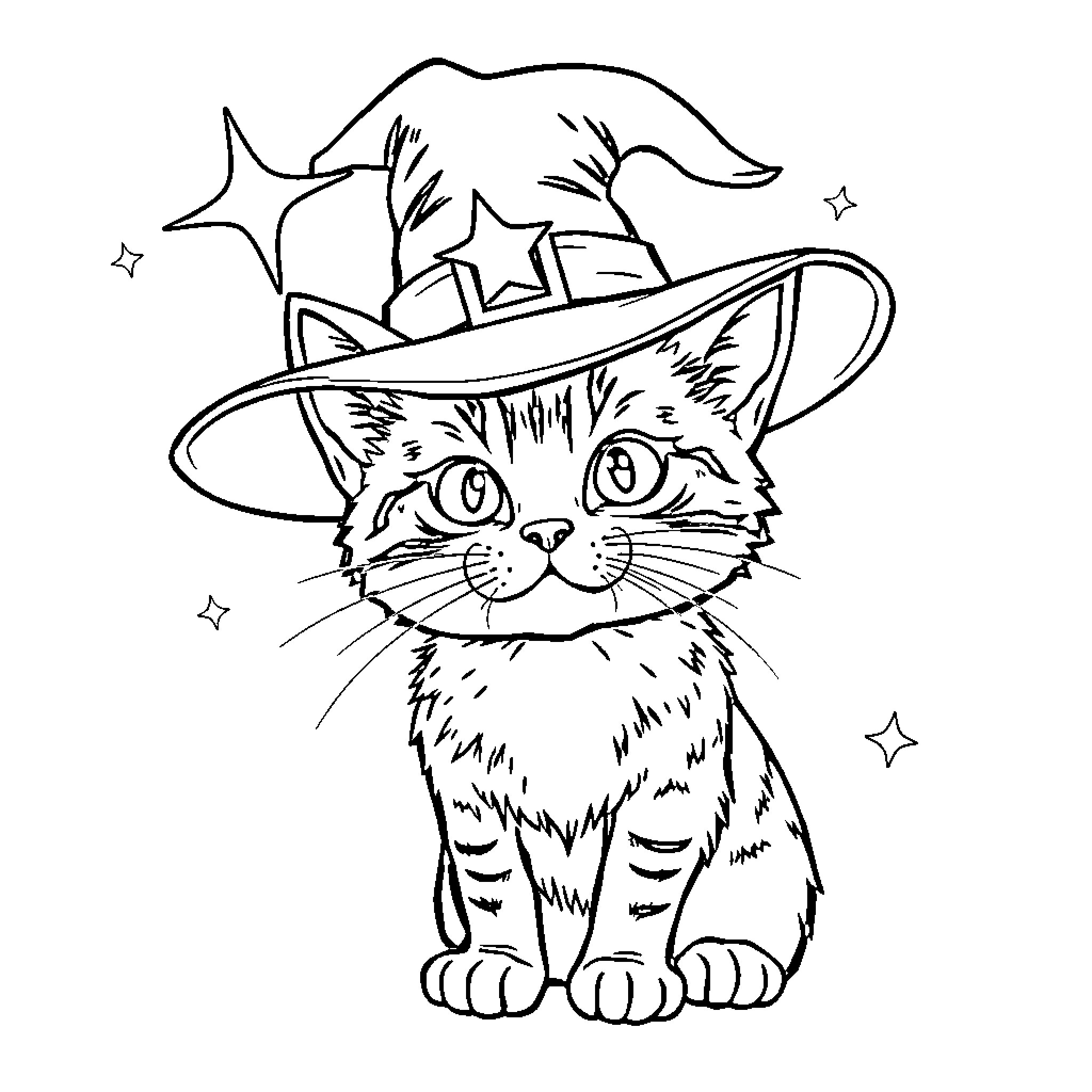 Kitty wearing a witch hat with stars Coloring Page (free black-and-white line drawing printable PDF for all, from beginners to advanced learners, including children, teens, adults, and seniors)