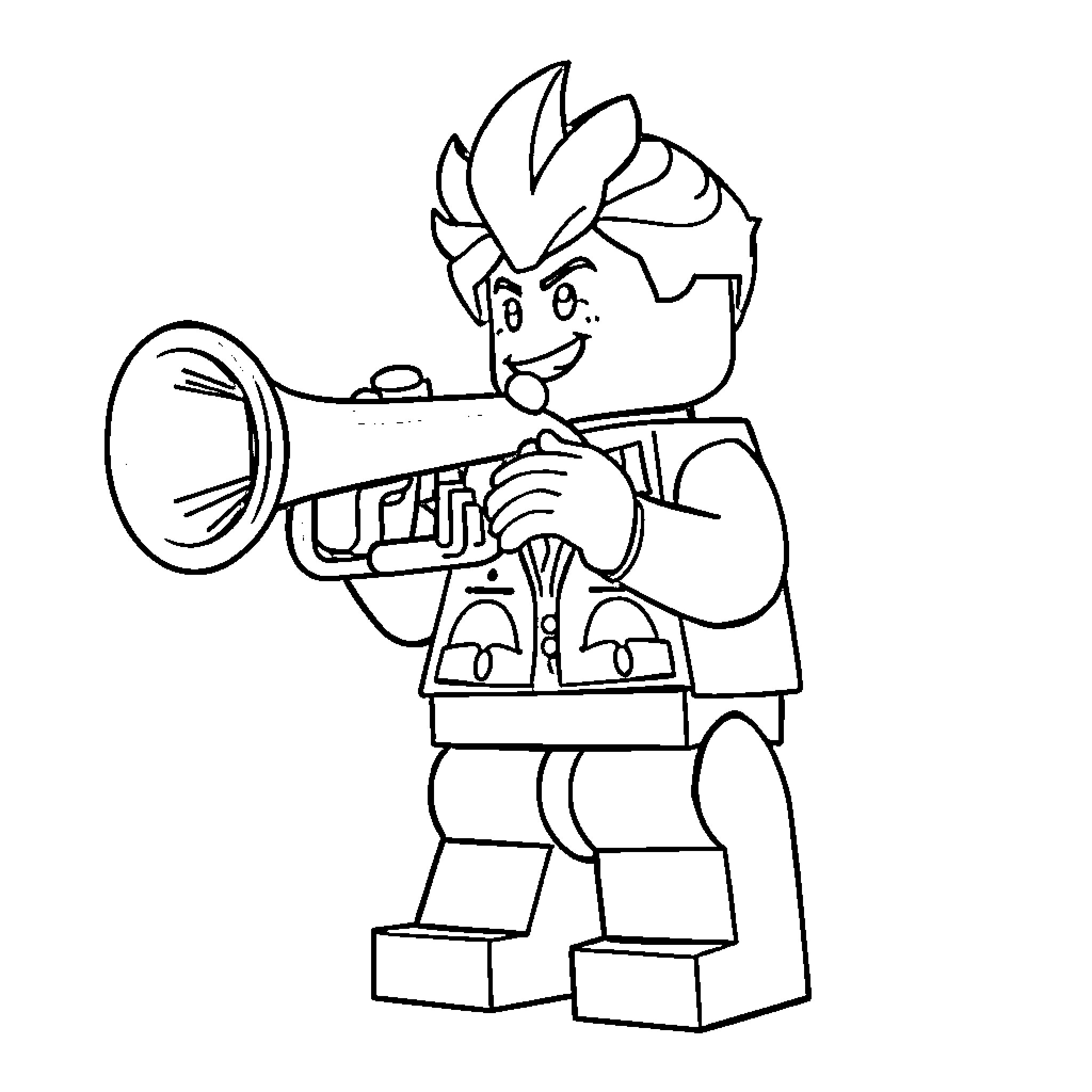 LEGO Minifigure playing music on trumpet Coloring Page (free black-and-white line drawing printable PDF for all, from beginners to advanced learners, including children, teens, adults, and seniors)