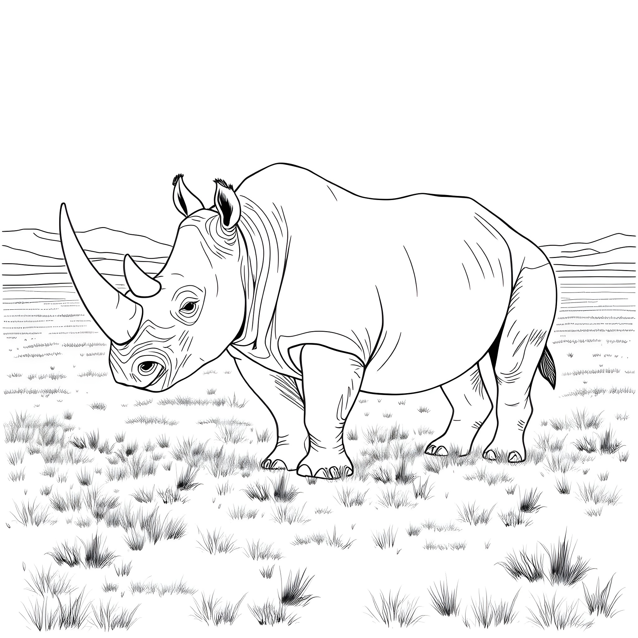 Rhinoceros standing in a grassy field Coloring Page (free black-and-white line drawing printable PDF for all, from beginners to advanced learners, including children, teens, adults, and seniors)