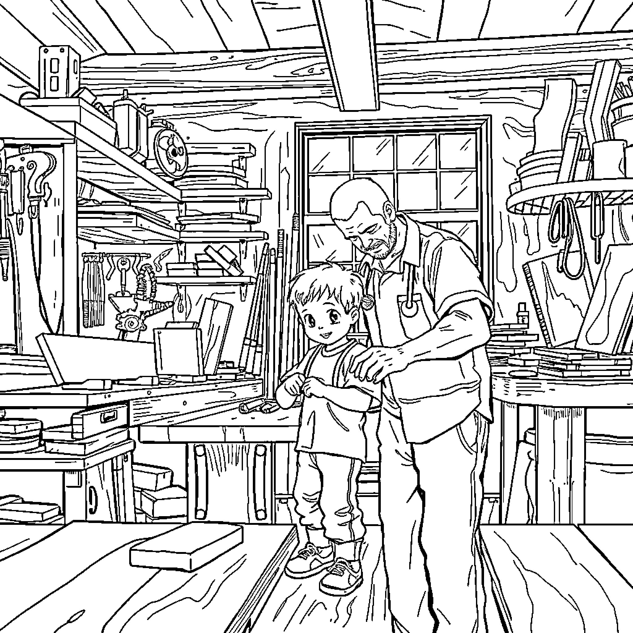 Boy Exploring the Cluttered Workshop with Grandparent Coloring Page (free black-and-white line drawing printable PDF for all, from beginners to advanced learners, including children, teens, adults, and seniors)