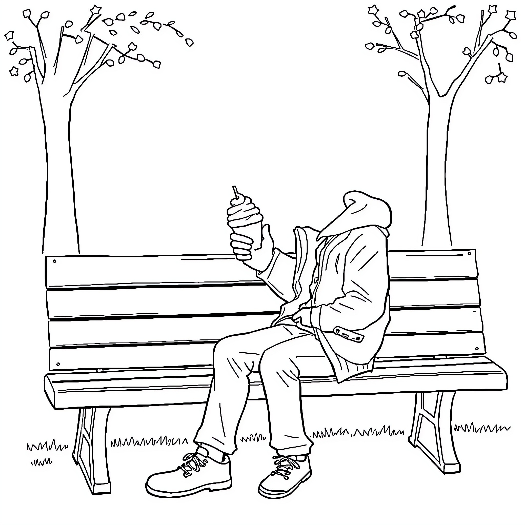 Facteur eating ice cream on a park bench Coloring Page (free black-and-white line drawing printable PDF for all, from beginners to advanced learners, including children, teens, adults, and seniors)