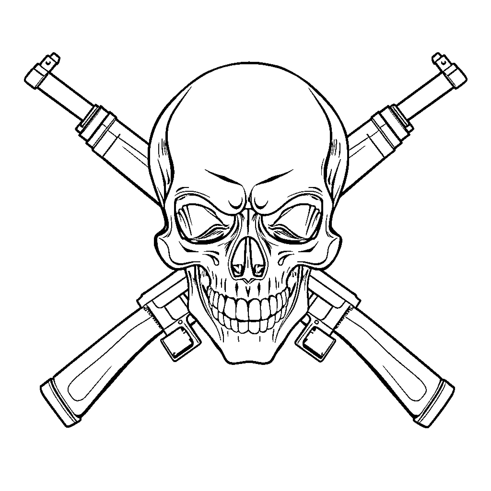 Skull with Crossed Firearms Coloring Page (free black-and-white line drawing printable PDF for all, from beginners to advanced learners, including children, teens, adults, and seniors)