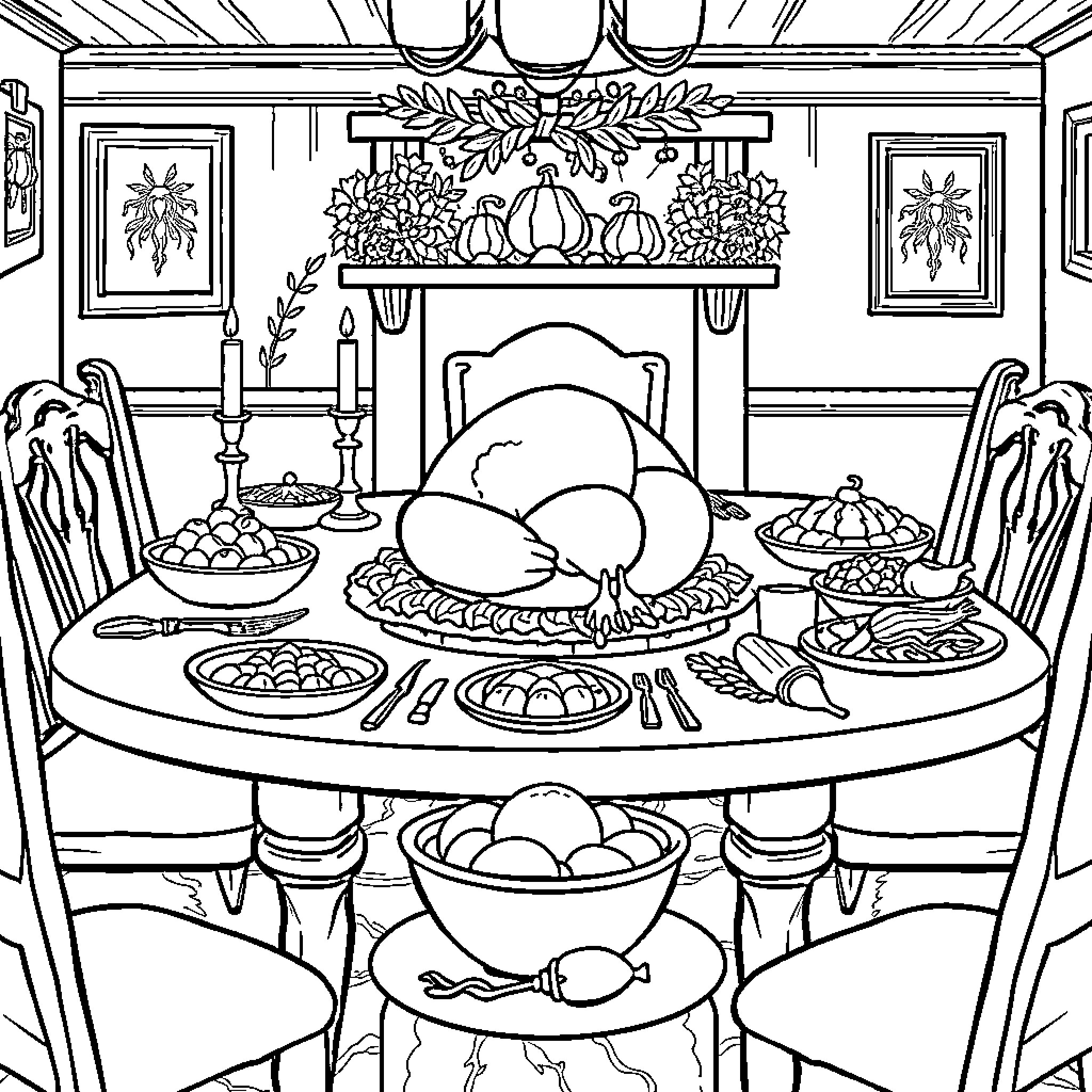 Turkey Thanksgiving Feast in Cozy Dining Room Coloring Page (free black-and-white line drawing printable PDF for all, from beginners to advanced learners, including children, teens, adults, and seniors)