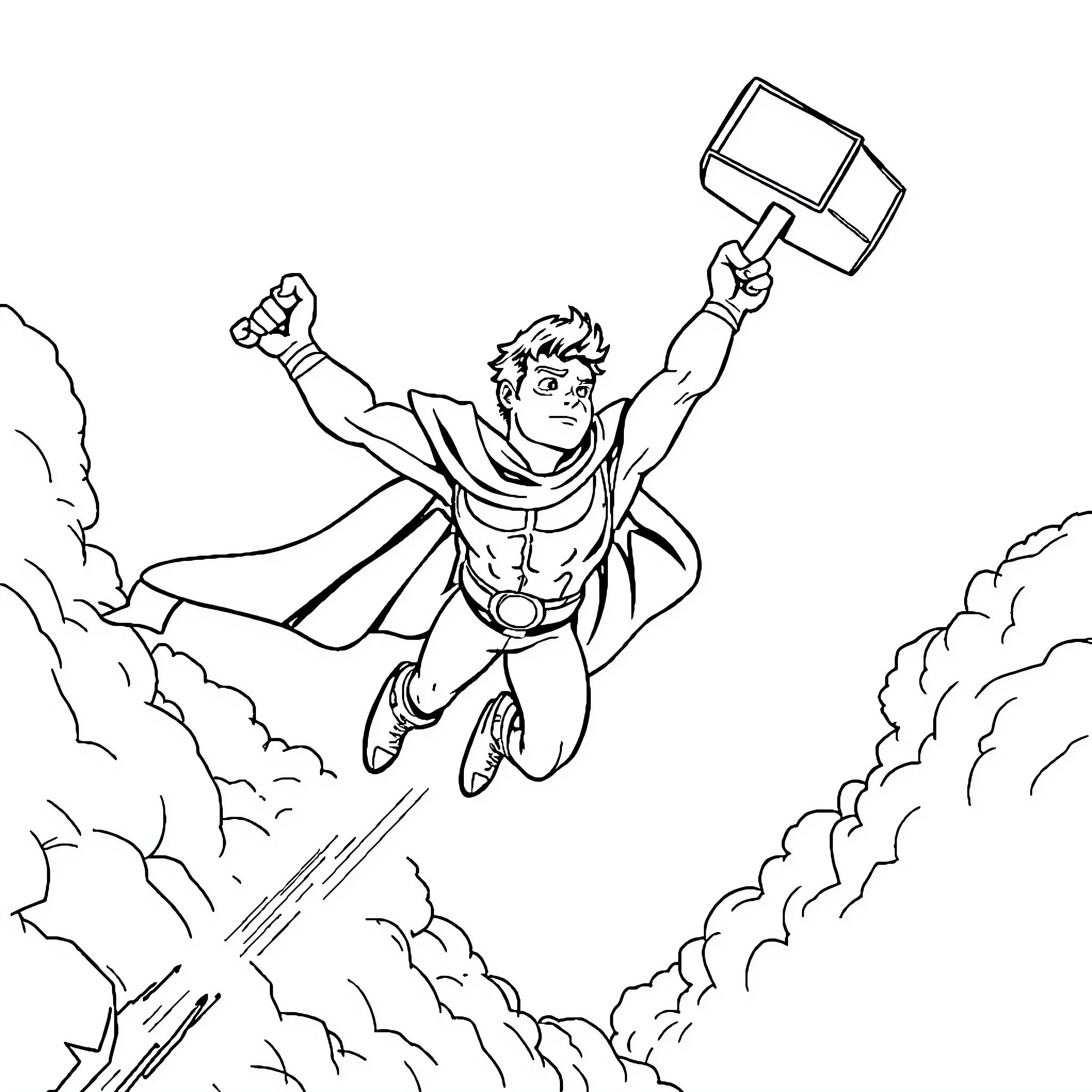 Hammer-wielding superhero soaring through the sky Coloring Page (free black-and-white line drawing printable PDF for all, from beginners to advanced learners, including children, teens, adults, and seniors)