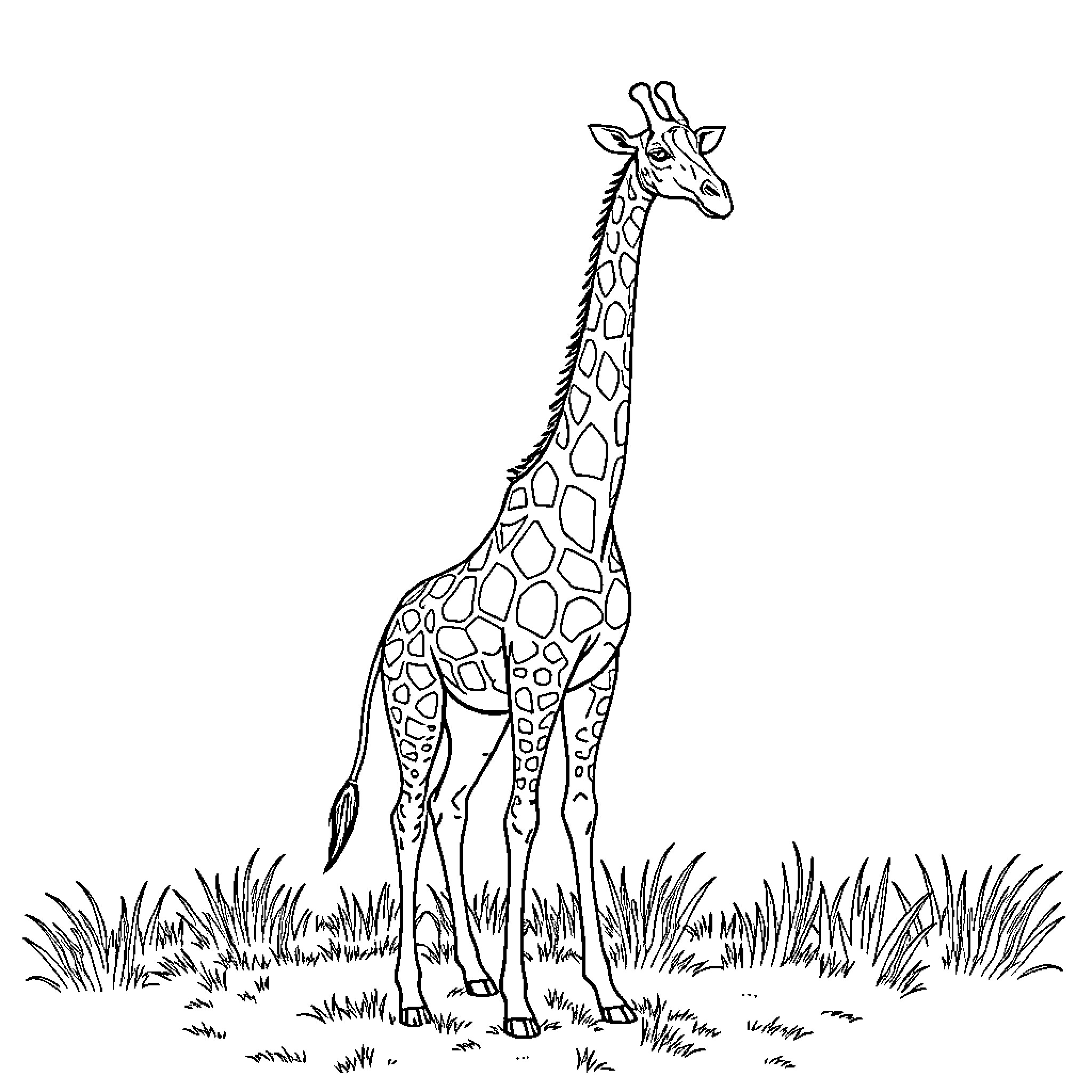 Giraffe standing tall in the wild Coloring Page (free black-and-white line drawing printable PDF for all, from beginners to advanced learners, including children, teens, adults, and seniors)