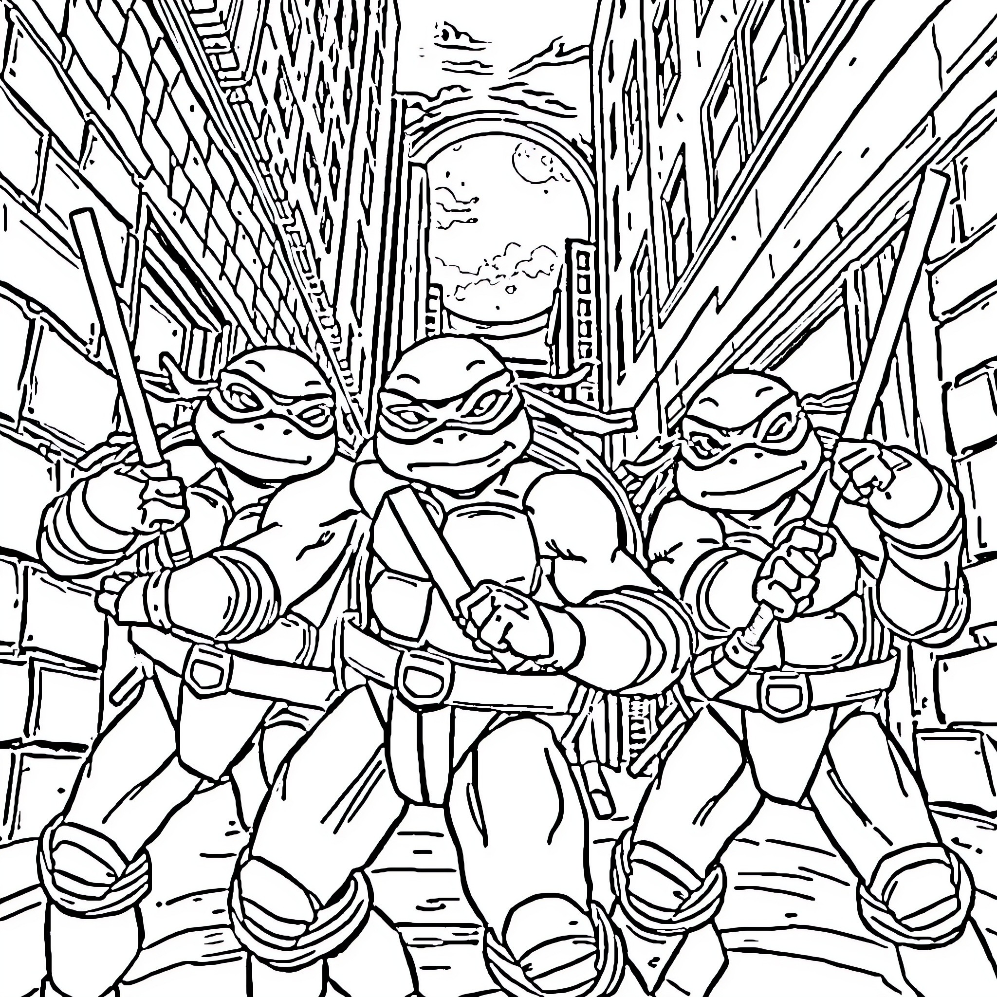 Teenage Mutant Ninja Turtles in action in the city Coloring Page (free black-and-white line drawing printable PDF for all, from beginners to advanced learners, including children, teens, adults, and seniors)