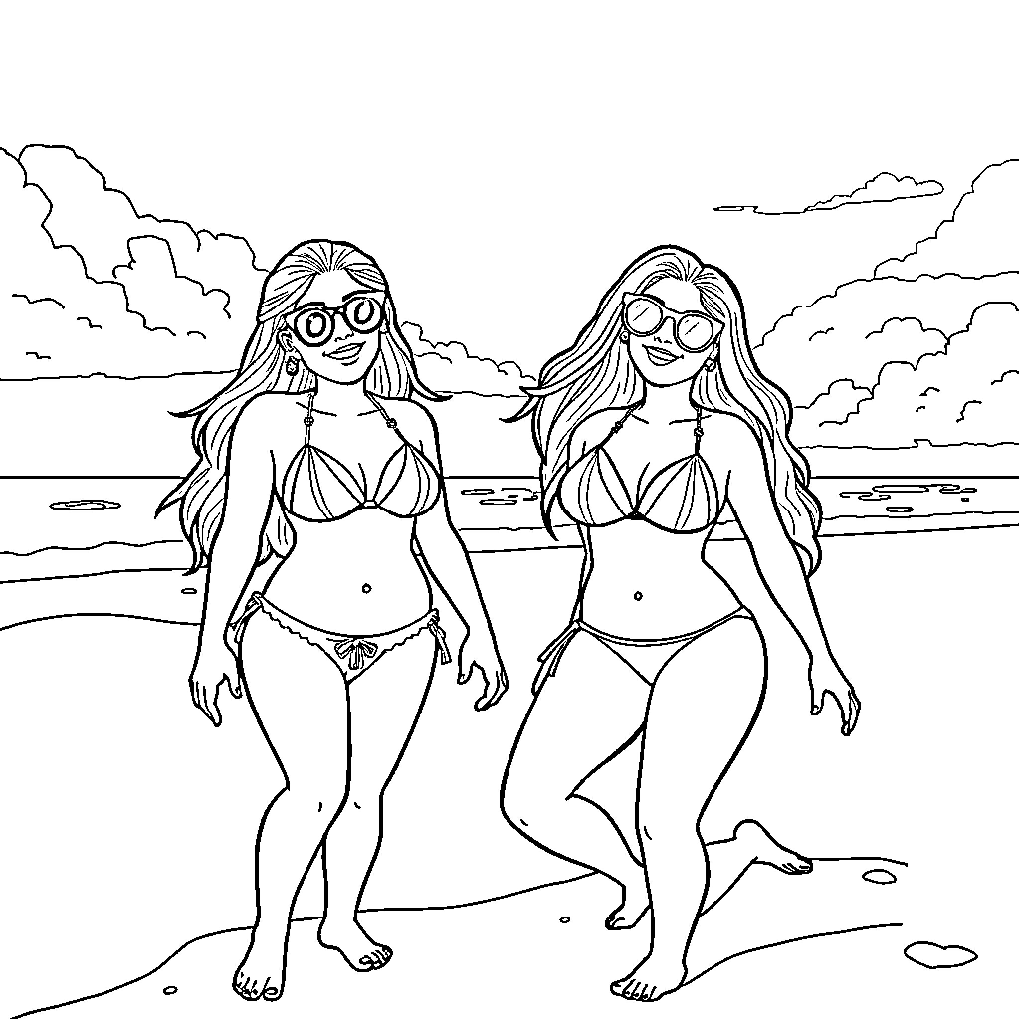 Bong Go and companions enjoy the beach in swimsuits Coloring Page (free black-and-white line drawing printable PDF for all, from beginners to advanced learners, including children, teens, adults, and seniors)