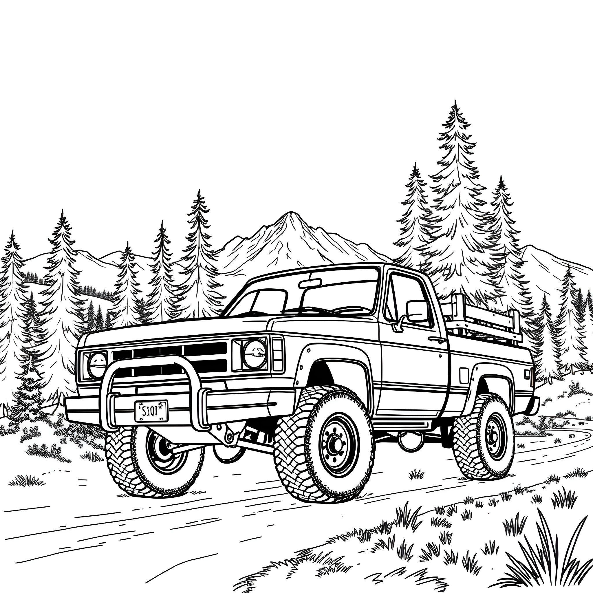 Truck driving through the wilderness Coloring Page (free black-and-white line drawing printable PDF for all, from beginners to advanced learners, including children, teens, adults, and seniors)