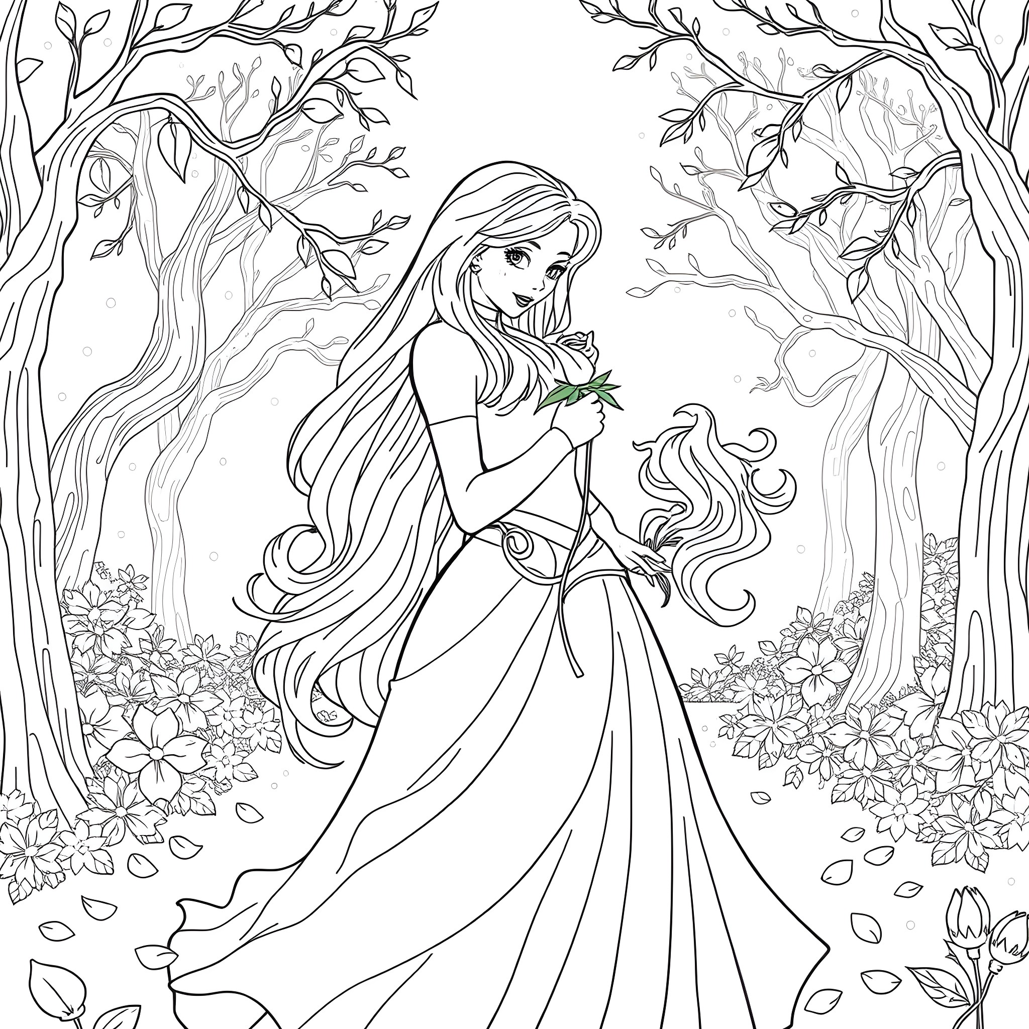 Aurora's Enchanted Forest Journey Coloring Page (free black-and-white line drawing printable PDF for all, from beginners to advanced learners, including children, teens, adults, and seniors)