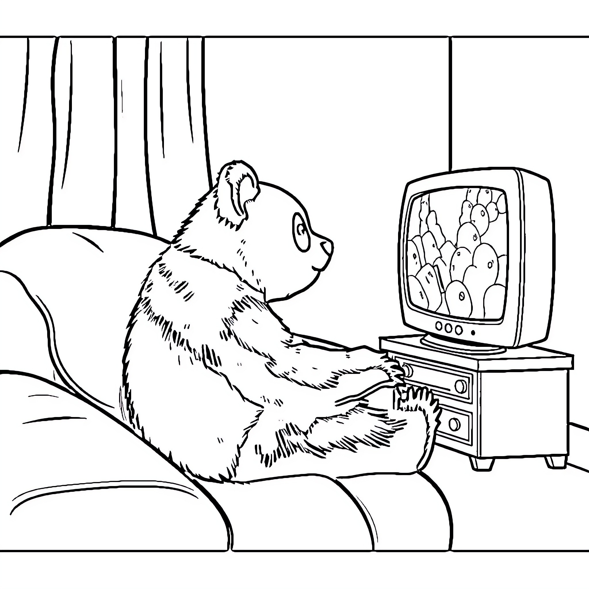 Panda watching television on the couch Coloring Page (free black-and-white line drawing printable PDF for all, from beginners to advanced learners, including children, teens, adults, and seniors)