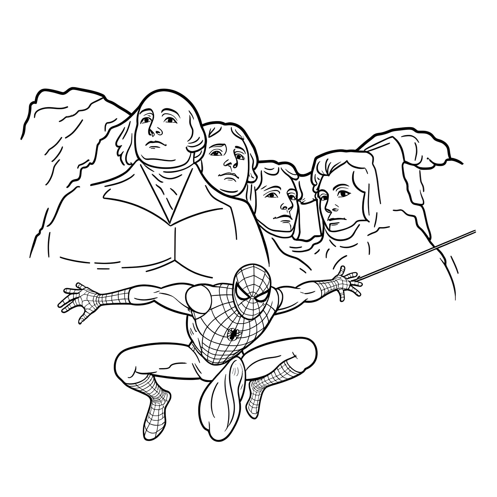 Spiderman swinging with Washington monument in the background Coloring Page (free black-and-white line drawing printable PDF for all, from beginners to advanced learners, including children, teens, adults, and seniors)