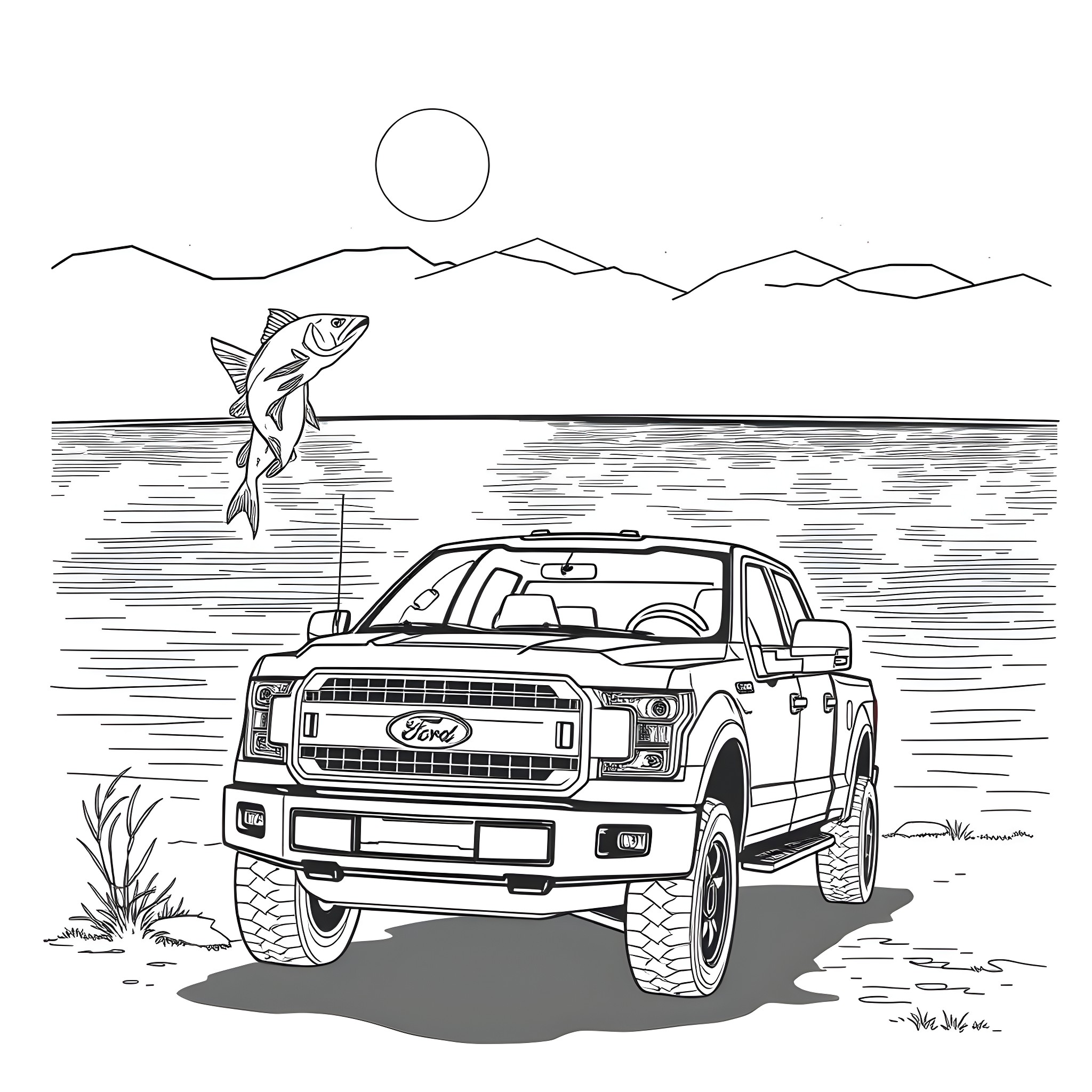 Ford Pickup truck driving by lakeside with leaping fish Coloring Page (free black-and-white line drawing printable PDF for all, from beginners to advanced learners, including children, teens, adults, and seniors)