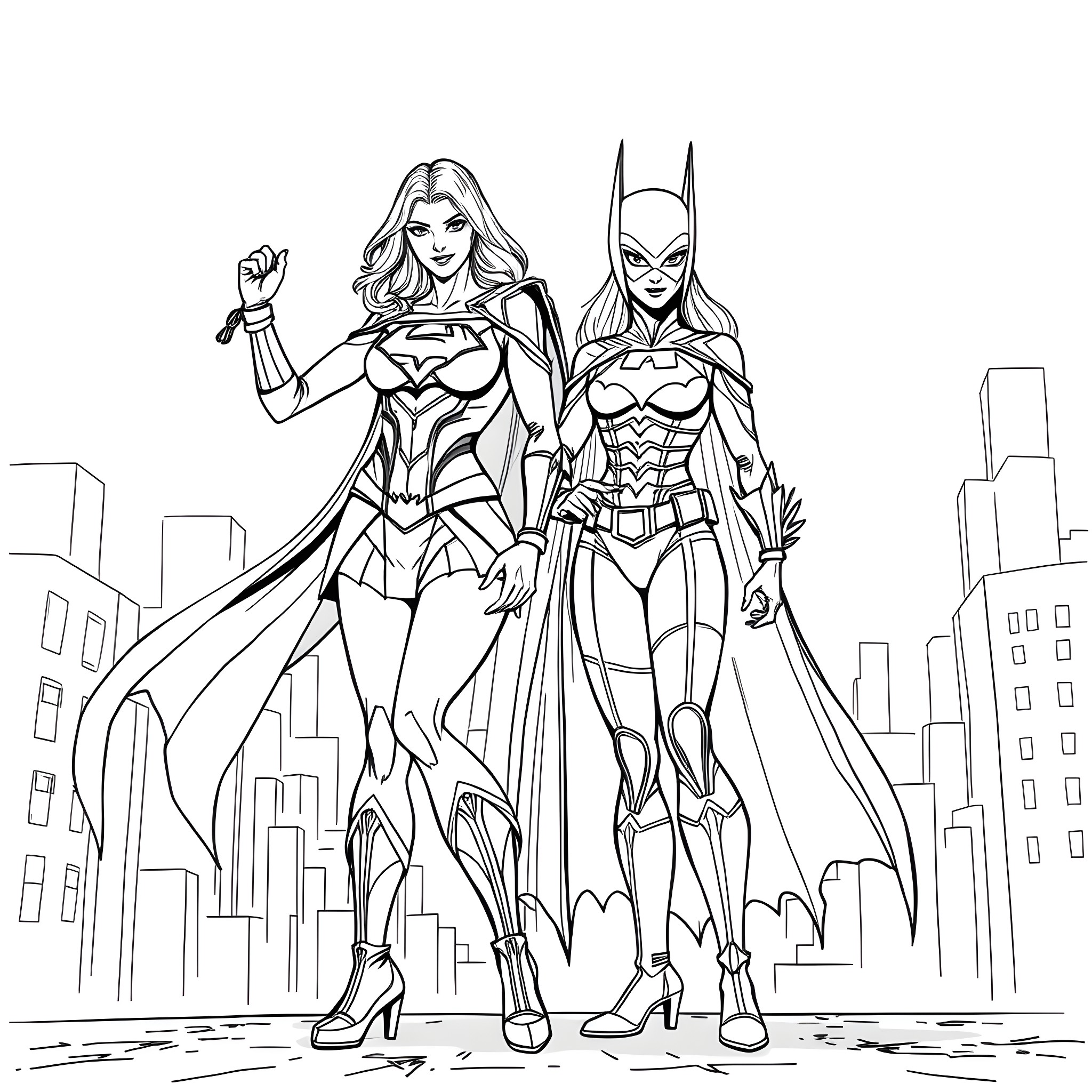 Supergirl and Batgirl team up for a heroic mission Coloring Page (free black-and-white line drawing printable PDF for all, from beginners to advanced learners, including children, teens, adults, and seniors)