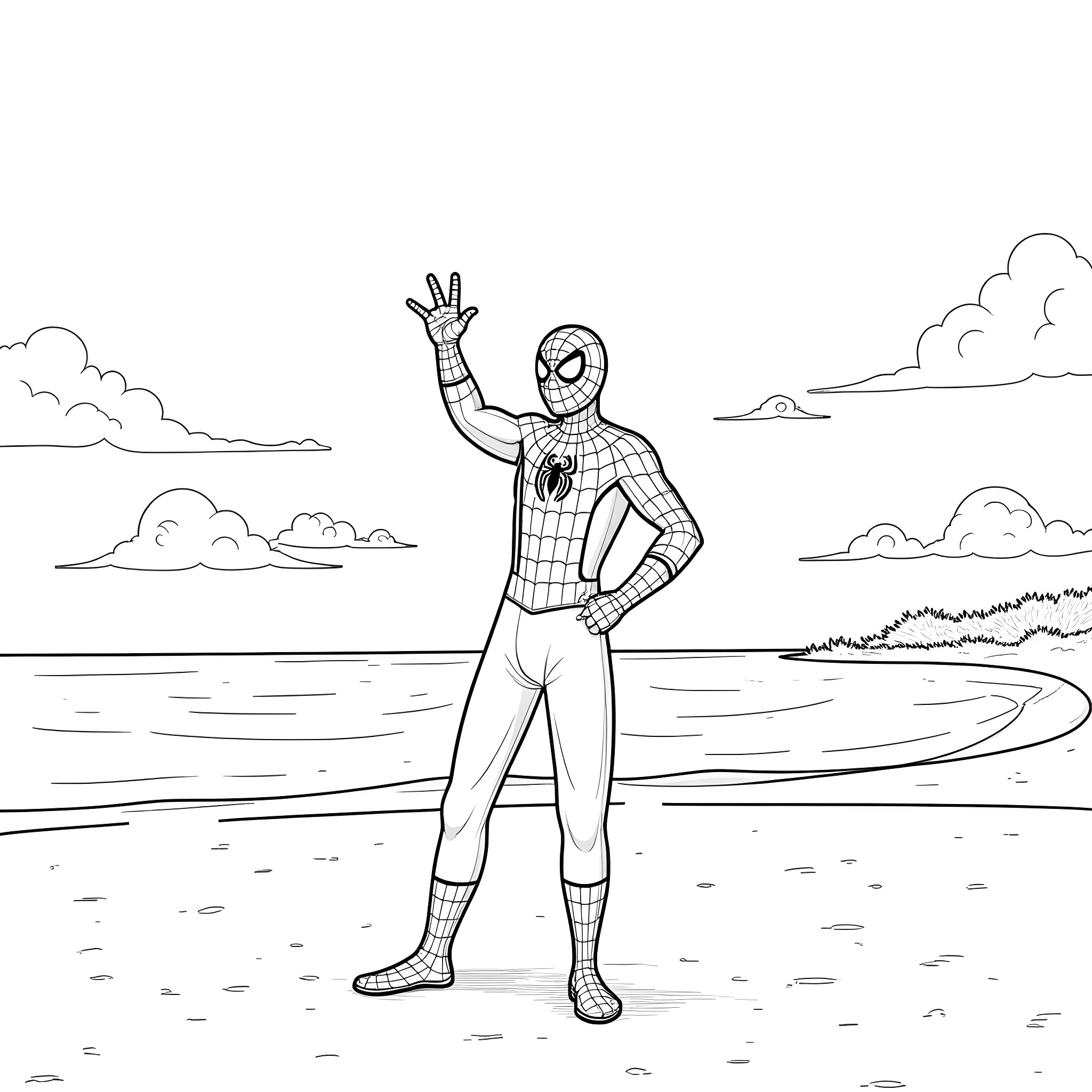 Spiderman waving heroically in a scenic landscape Coloring Page (free black-and-white line drawing printable PDF for all, from beginners to advanced learners, including children, teens, adults, and seniors)