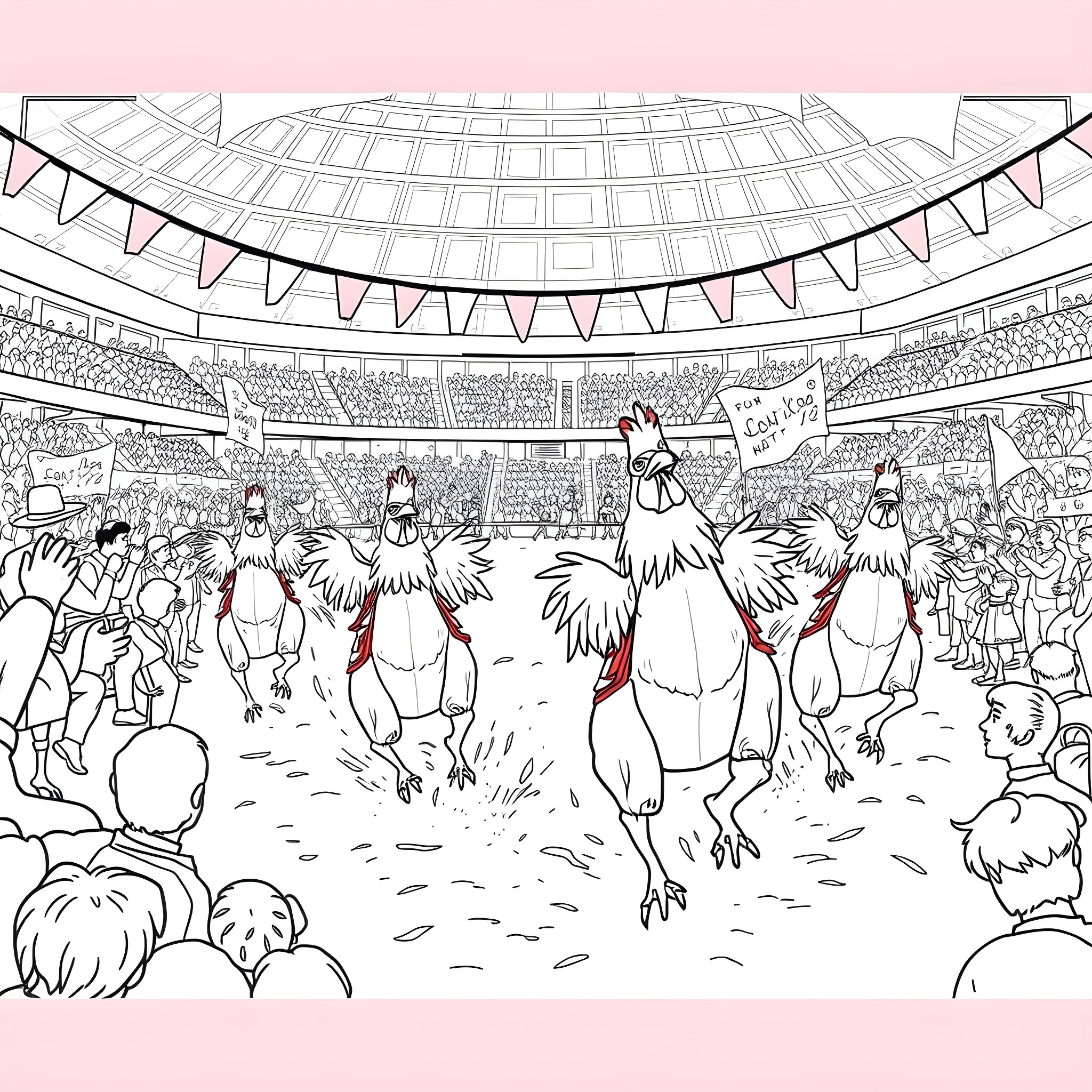 Chicken costume parade in the stadium Coloring Page (free black-and-white line drawing printable PDF for all, from beginners to advanced learners, including children, teens, adults, and seniors)