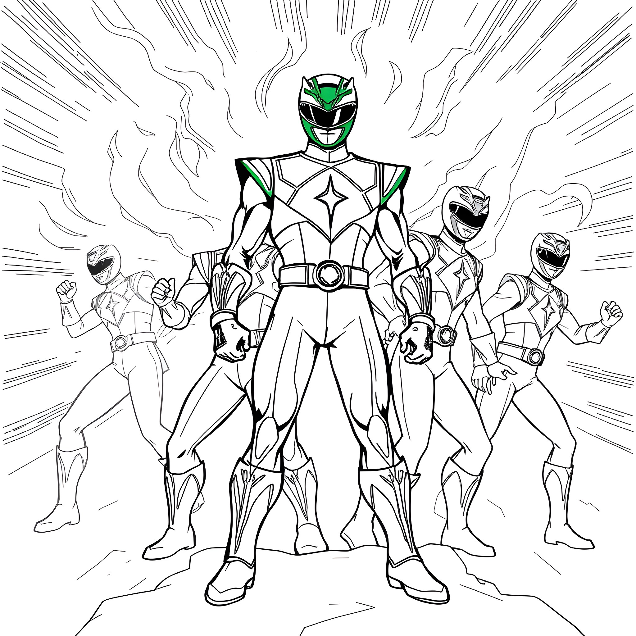 Power Ranger Team Assembled for Action Coloring Page (free black-and-white line drawing printable PDF for all, from beginners to advanced learners, including children, teens, adults, and seniors)
