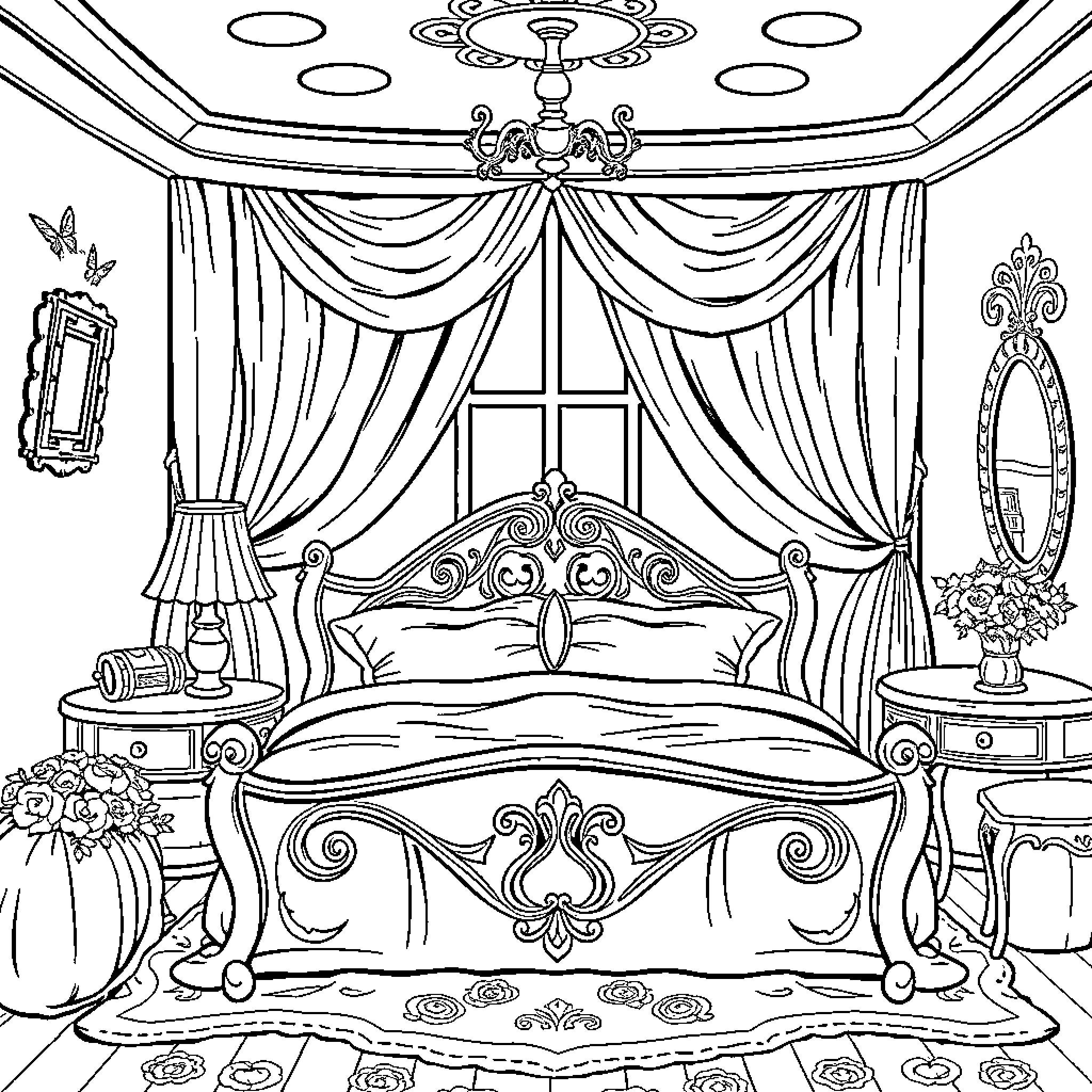 Cinderella's Enchanting Bedroom Retreat Coloring Page (free black-and-white line drawing printable PDF for all, from beginners to advanced learners, including children, teens, adults, and seniors)