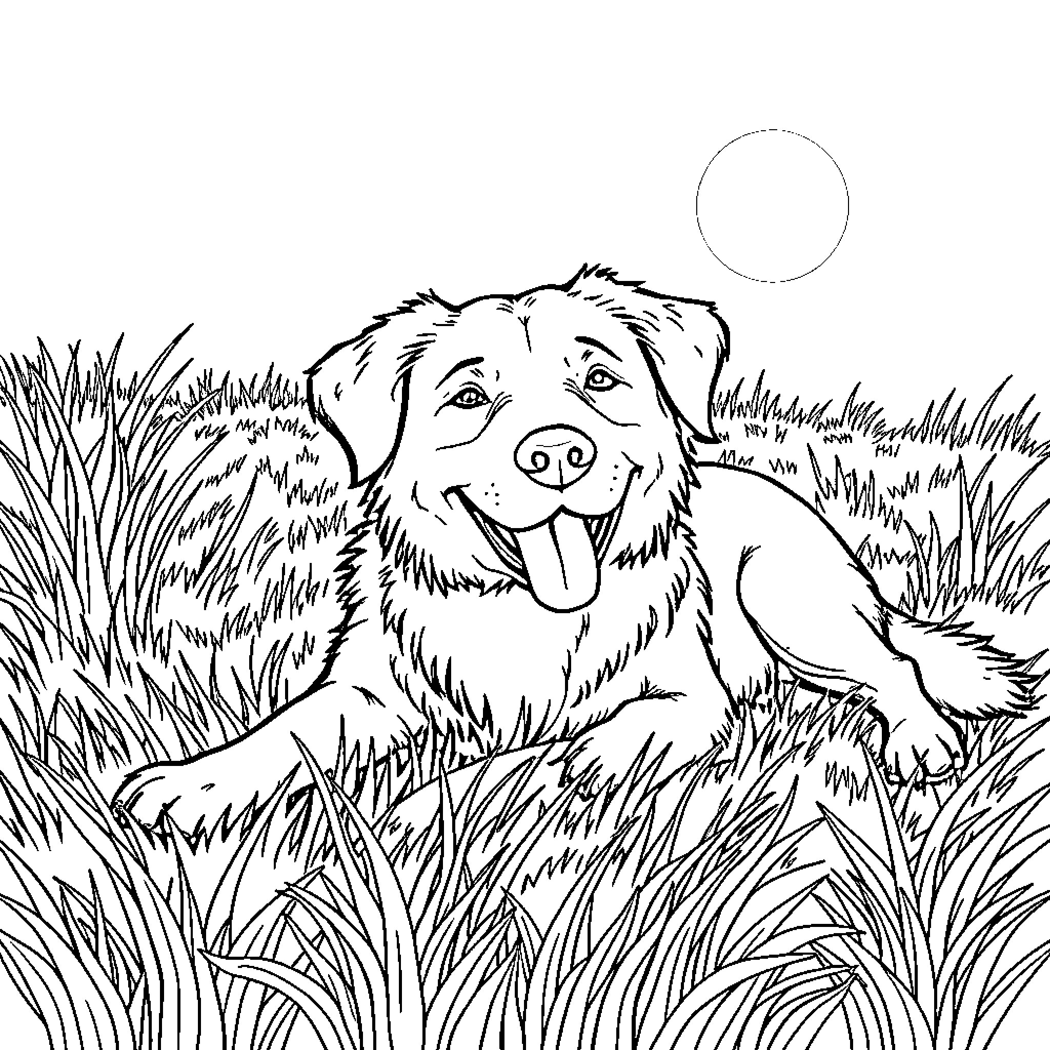 Dog resting happily in the grassy field Coloring Page (free black-and-white line drawing printable PDF for all, from beginners to advanced learners, including children, teens, adults, and seniors)