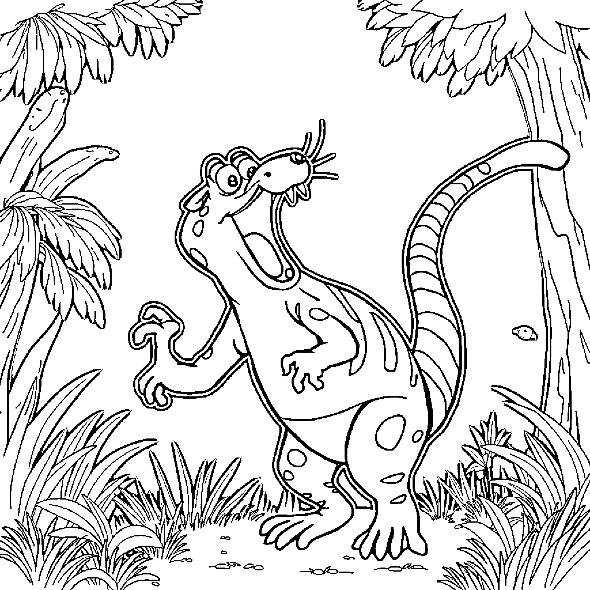 Marsupilami exploring the tropical forest Coloring Page (free black-and-white line drawing printable PDF for all, from beginners to advanced learners, including children, teens, adults, and seniors)