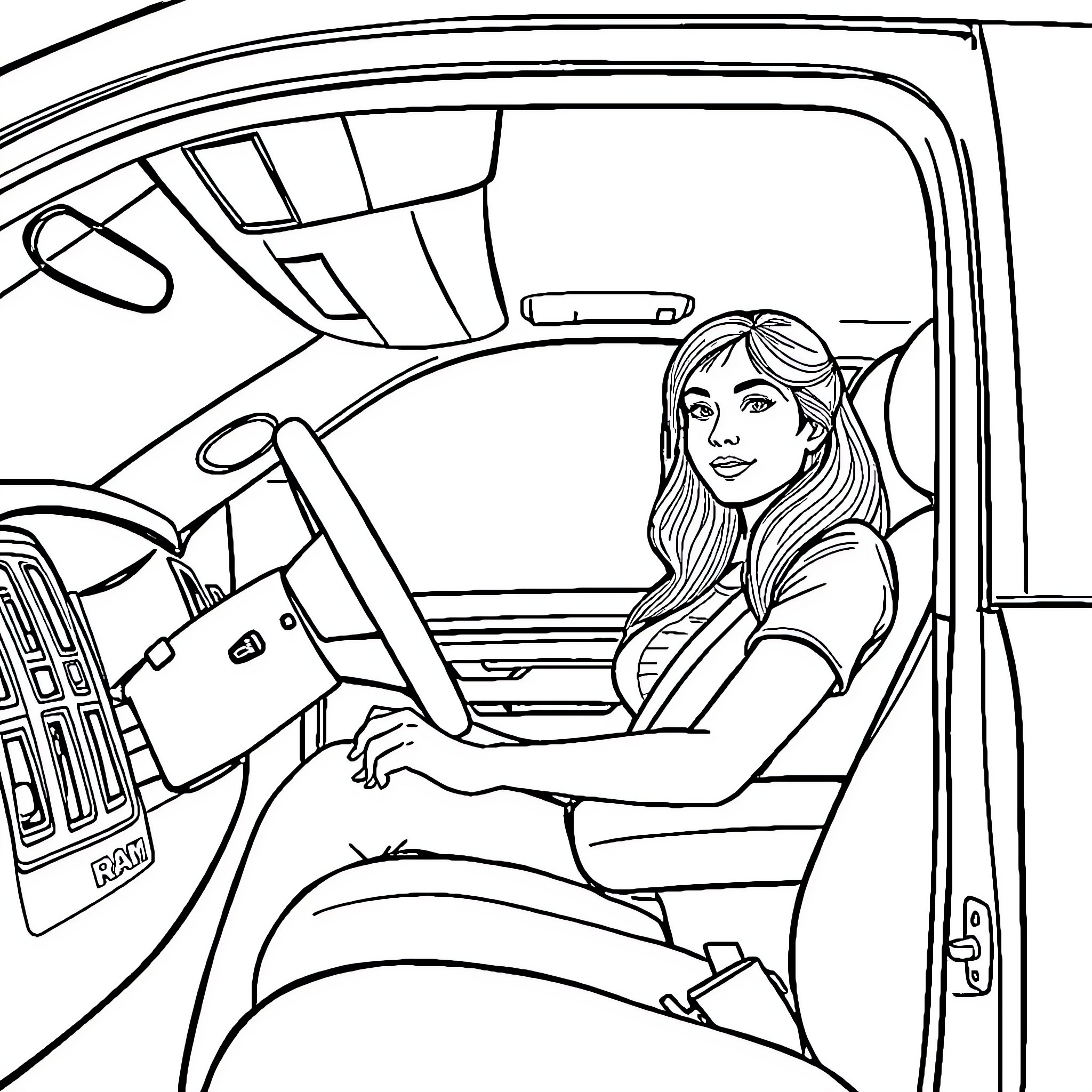 Babe driving a car with focus and concentration Coloring Page (free black-and-white line drawing printable PDF for all, from beginners to advanced learners, including children, teens, adults, and seniors)