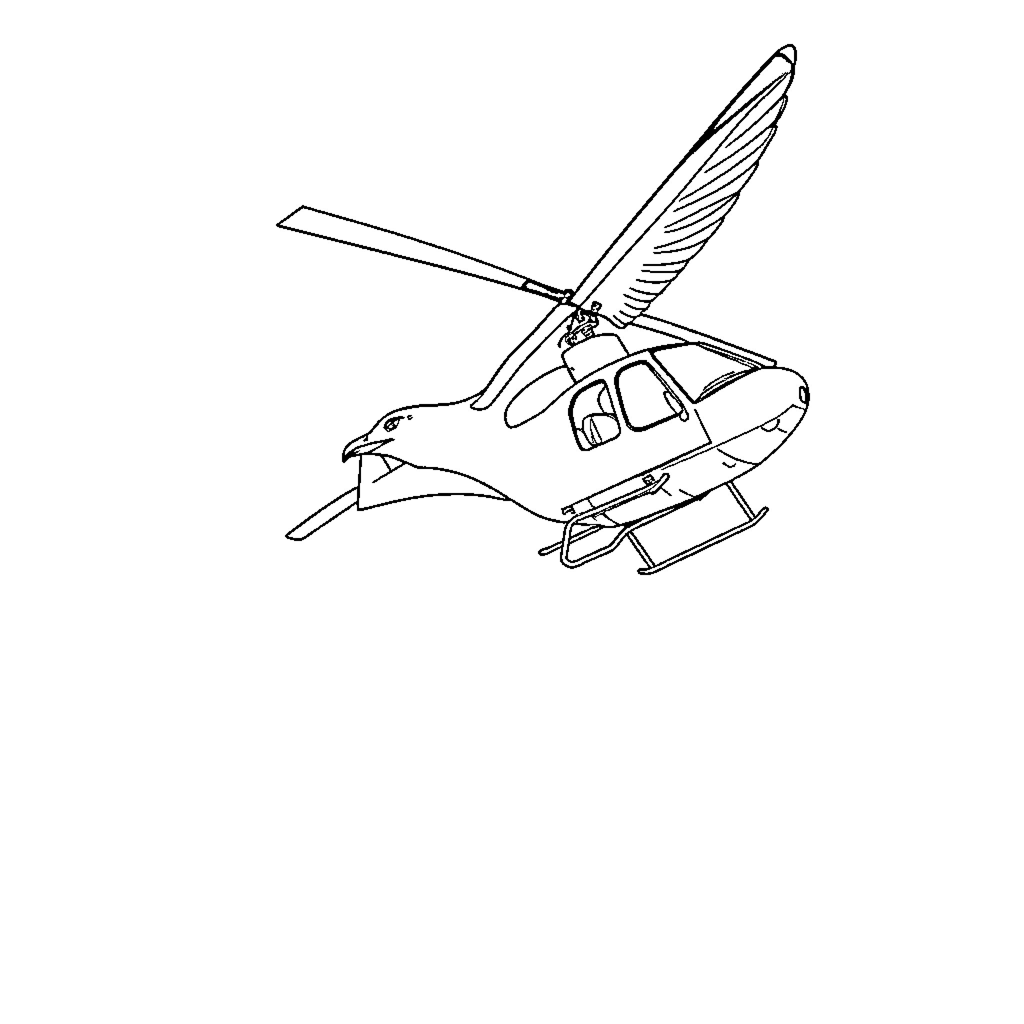 Seagull-shaped helicopter soaring through the sky Coloring Page (free black-and-white line drawing printable PDF for all, from beginners to advanced learners, including children, teens, adults, and seniors)