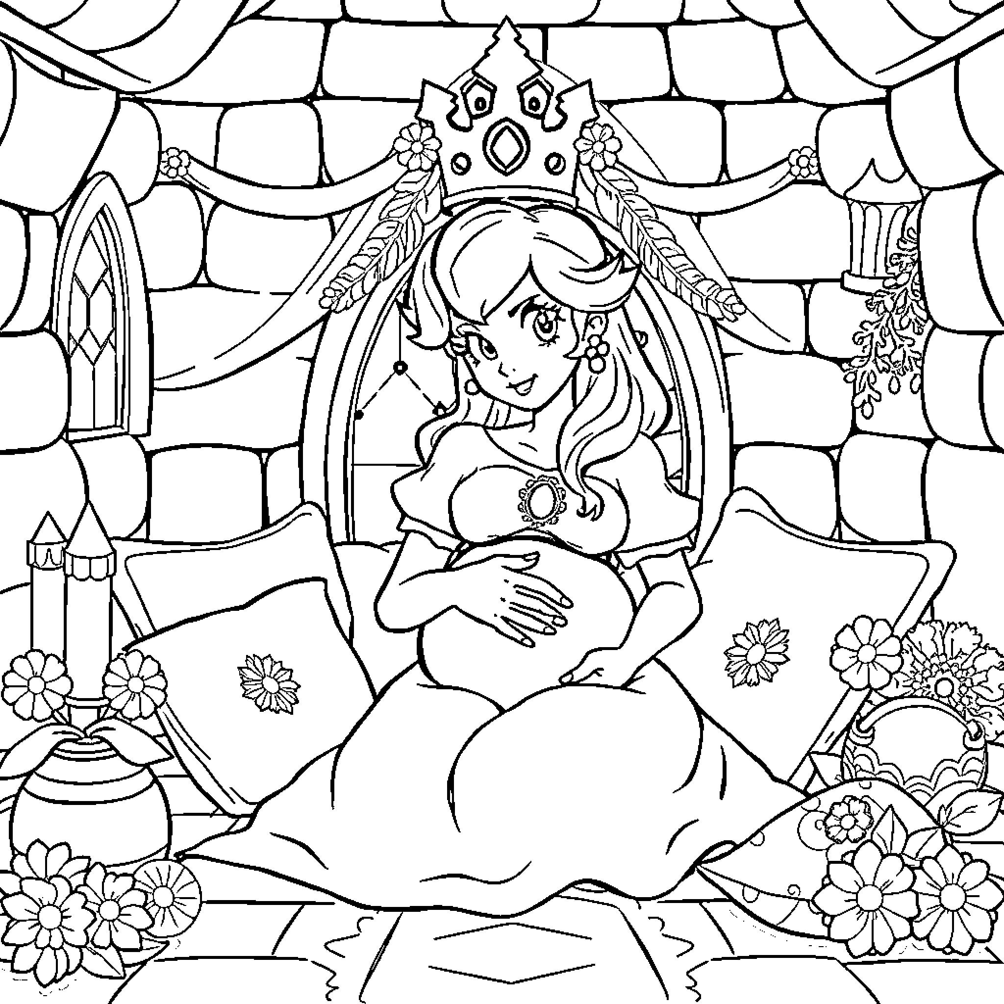 Princess Sitting on Throne with Floral Decor Coloring Page (free black-and-white line drawing printable PDF for all, from beginners to advanced learners, including children, teens, adults, and seniors)