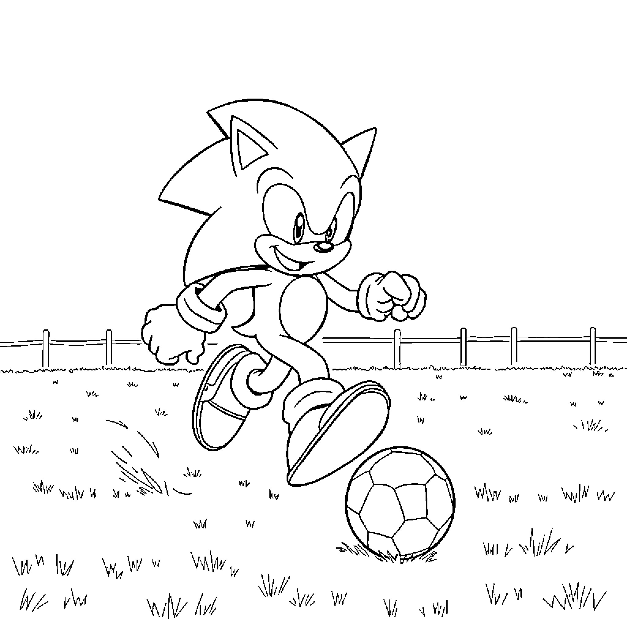 Sonic happily playing with a soccer ball Coloring Page (free black-and-white line drawing printable PDF for all, from beginners to advanced learners, including children, teens, adults, and seniors)