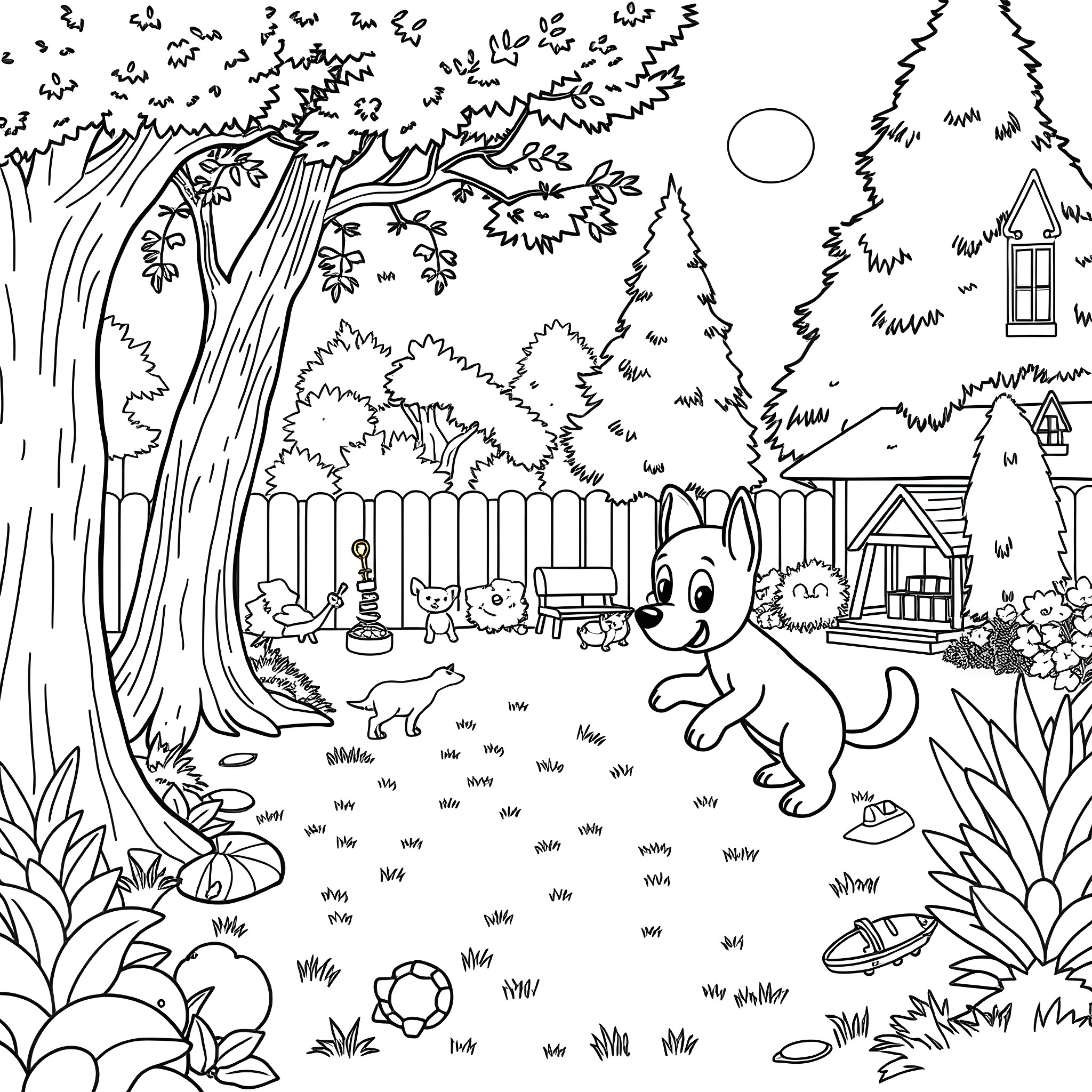 Bluey explores the whimsical forest landscape Coloring Page (free black-and-white line drawing printable PDF for all, from beginners to advanced learners, including children, teens, adults, and seniors)