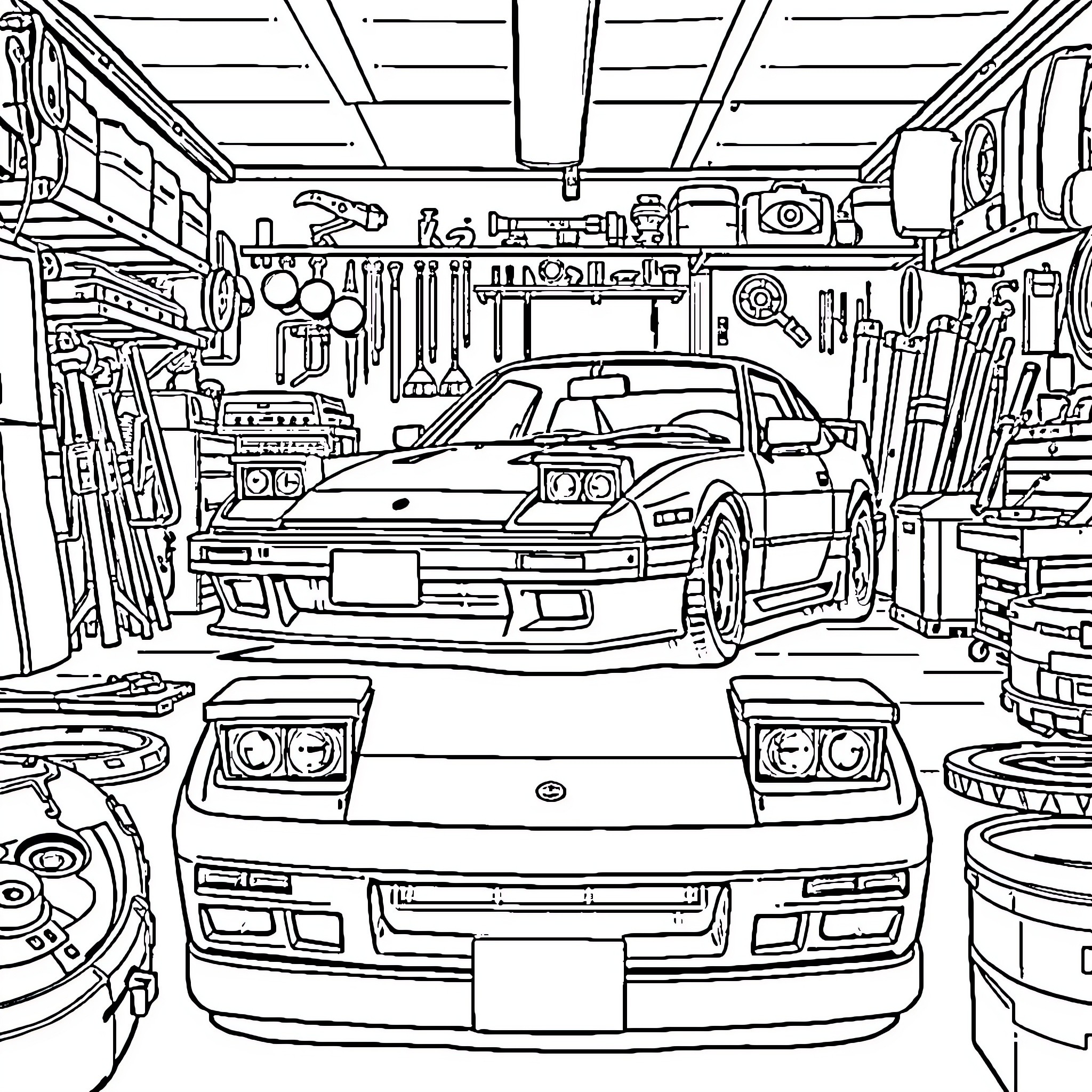 Nissan 240sx in auto repair workshop Coloring Page (free black-and-white line drawing printable PDF for all, from beginners to advanced learners, including children, teens, adults, and seniors)