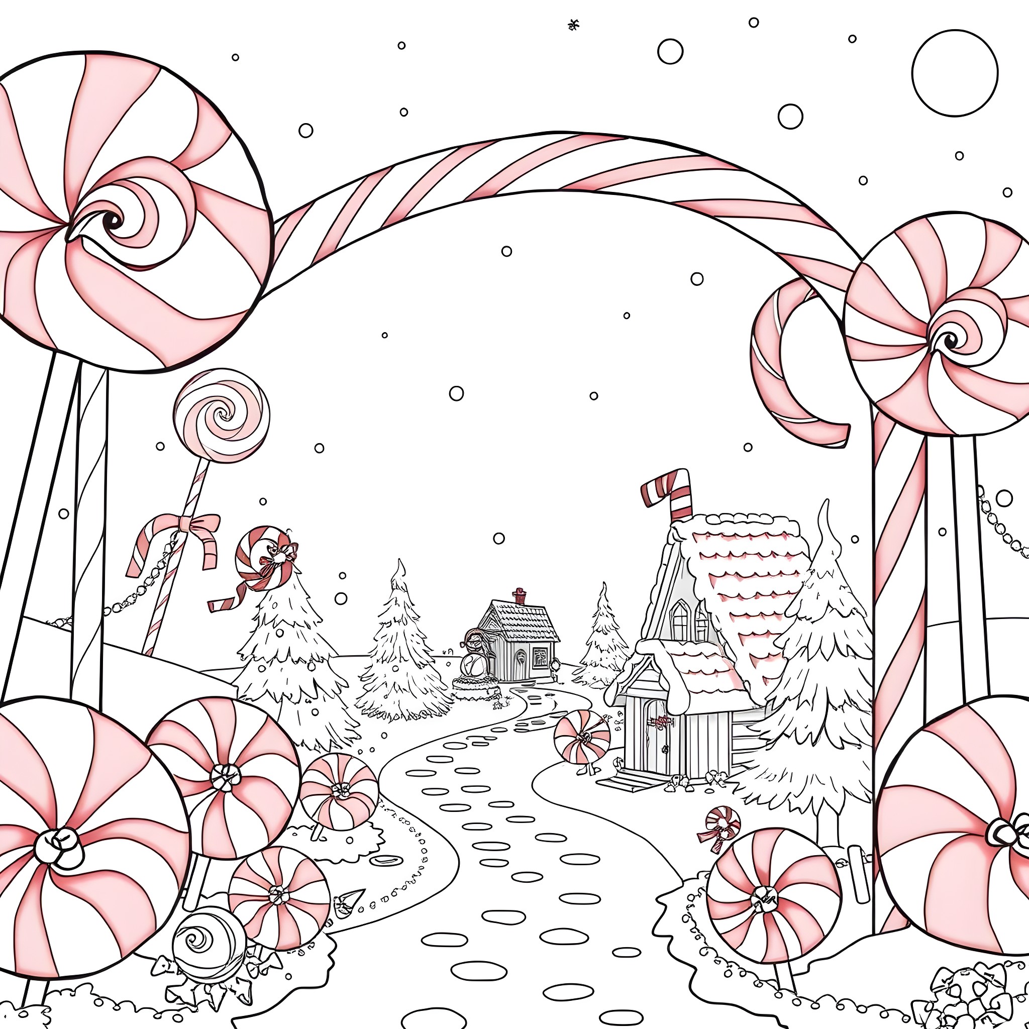 Candy Cane Wonderland Coloring Page (free black-and-white line drawing printable PDF for all, from beginners to advanced learners, including children, teens, adults, and seniors)