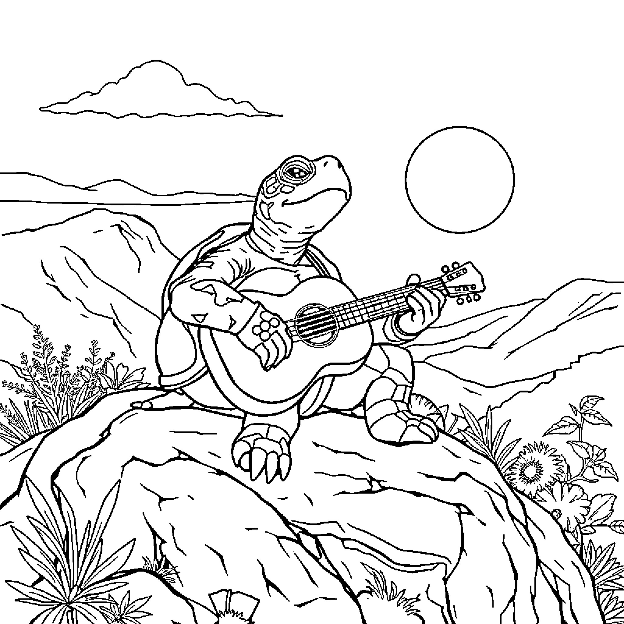 Turtle playing guitar in the desert landscape Coloring Page (free black-and-white line drawing printable PDF for all, from beginners to advanced learners, including children, teens, adults, and seniors)