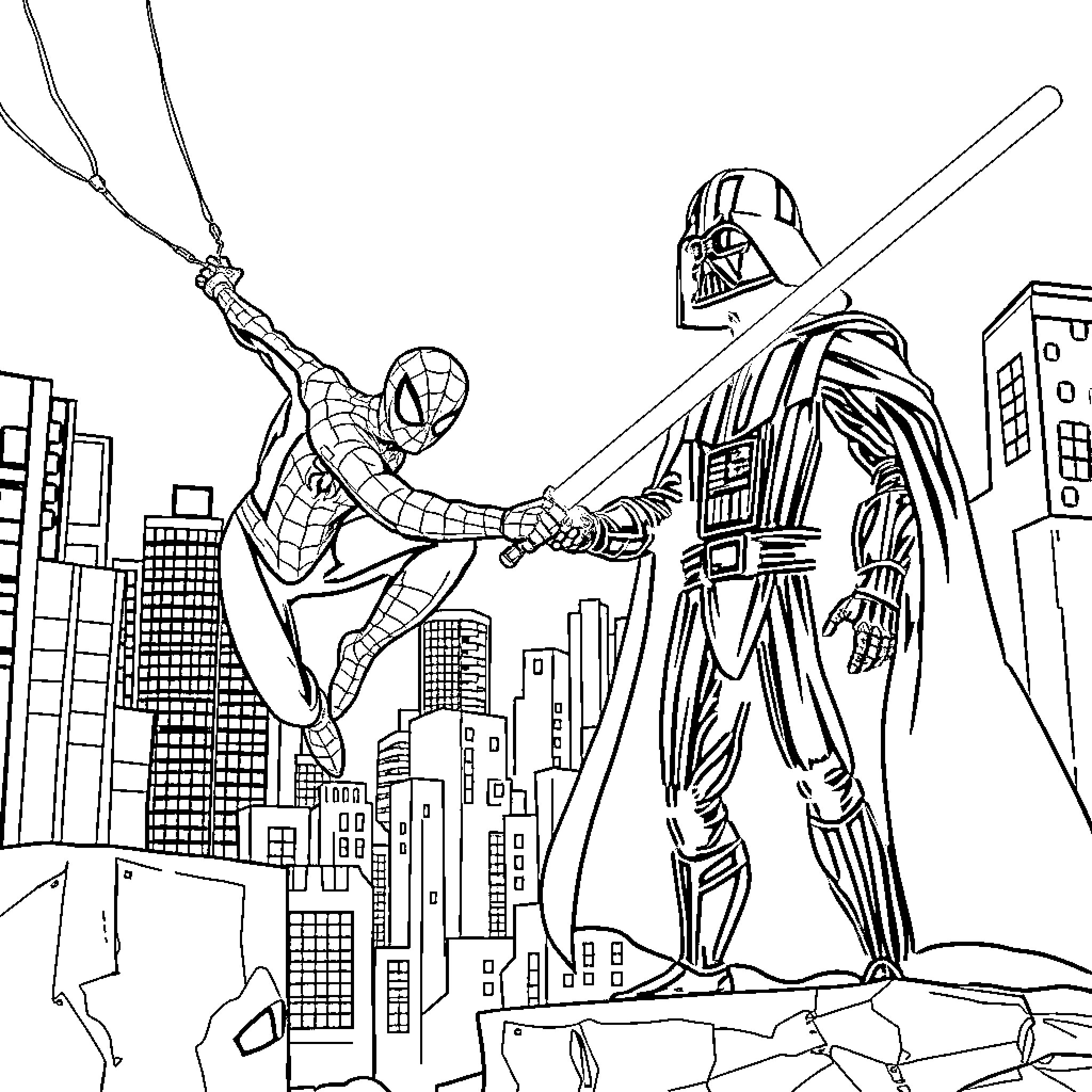 Spiderman battling Darth Vader in the city Coloring Page (free black-and-white line drawing printable PDF for all, from beginners to advanced learners, including children, teens, adults, and seniors)