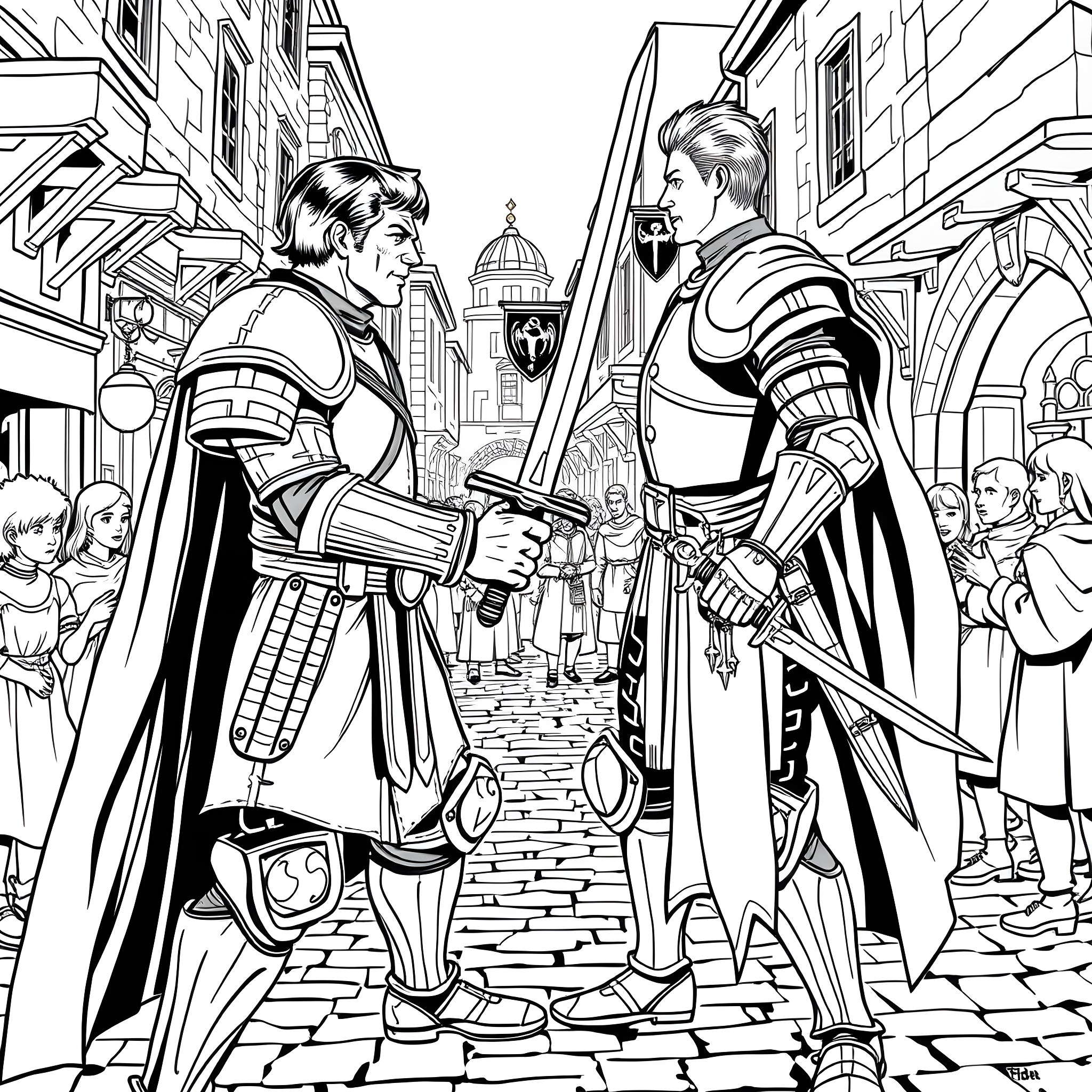Captain Kirk and Spock in action-packed adventure Coloring Page (free black-and-white line drawing printable PDF for all, from beginners to advanced learners, including children, teens, adults, and seniors)