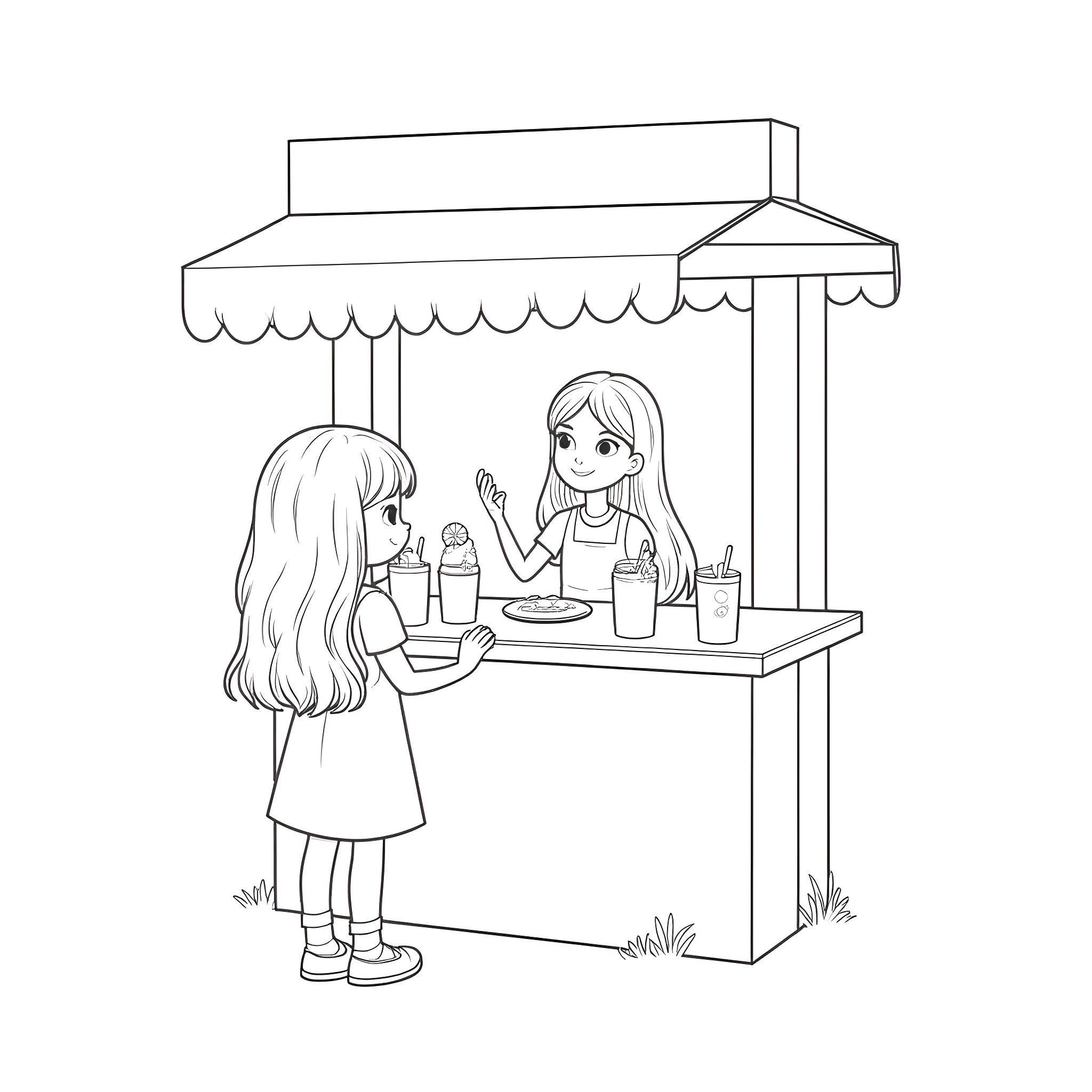 Girl selling snacks at a food cart Coloring Page (free black-and-white line drawing printable PDF for all, from beginners to advanced learners, including children, teens, adults, and seniors)