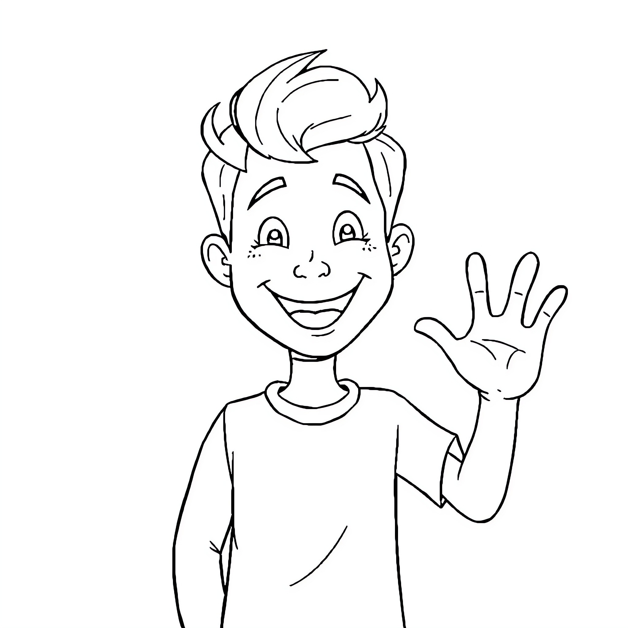 Hello, cheerful boy waving hand Coloring Page (free black-and-white line drawing printable PDF for all, from beginners to advanced learners, including children, teens, adults, and seniors)