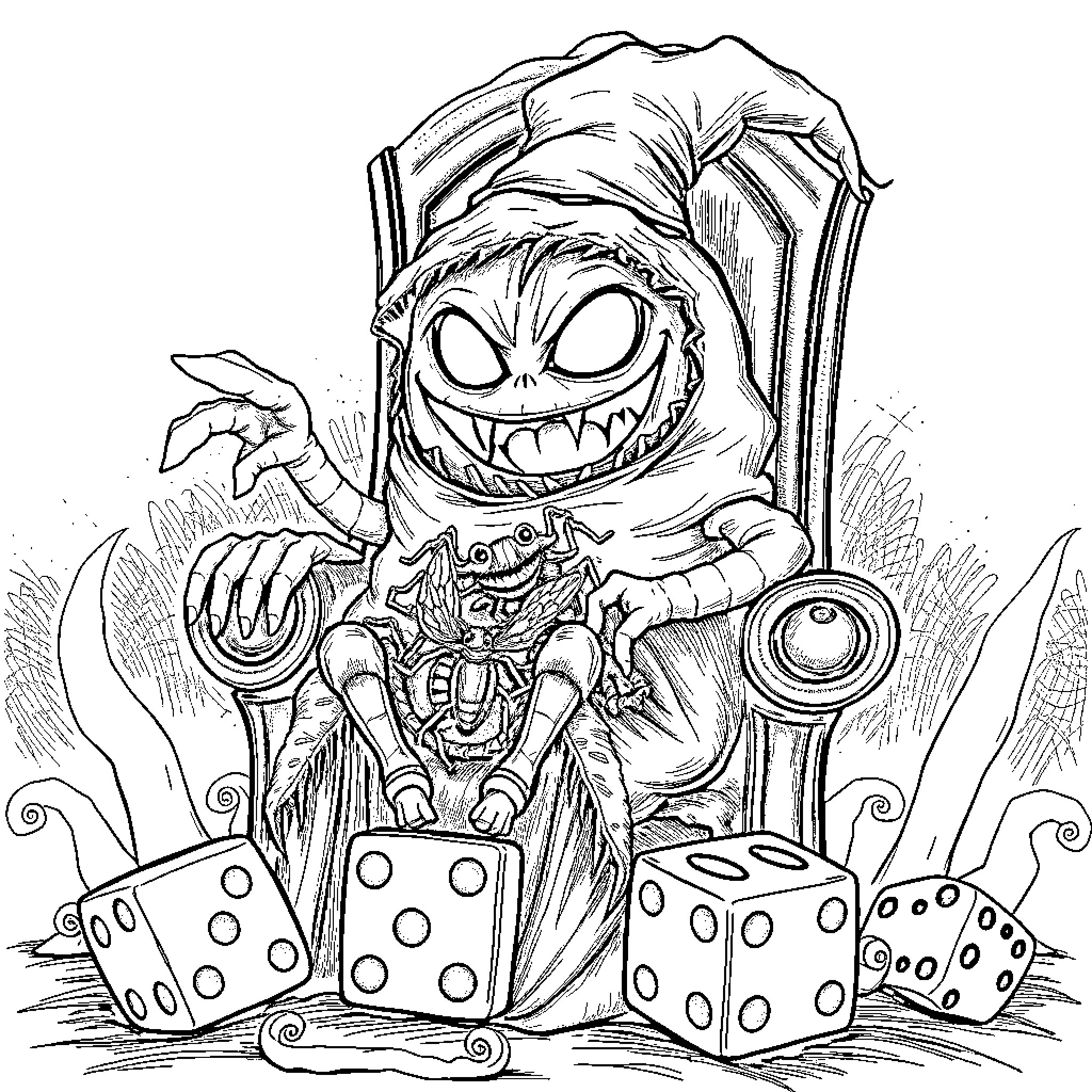 Oogie Boogie's Sinister Game Night Coloring Page (free black-and-white line drawing printable PDF for all, from beginners to advanced learners, including children, teens, adults, and seniors)