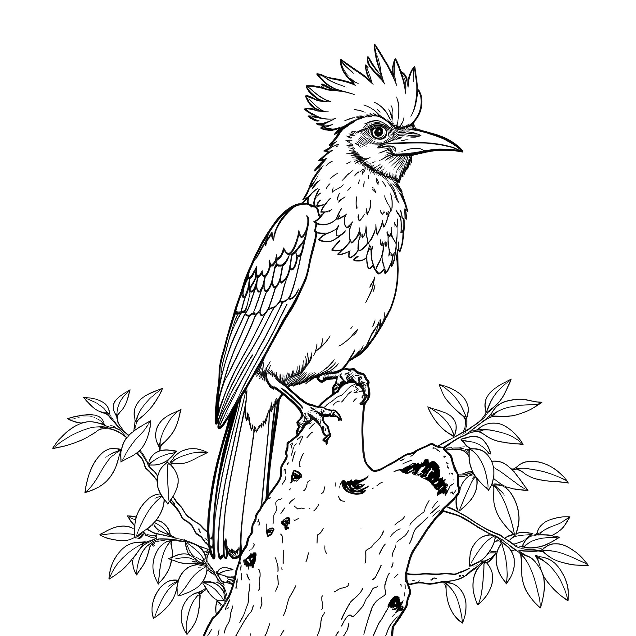 Guianan Cock of the Rock posing atop a branch Coloring Page (free black-and-white line drawing printable PDF for all, from beginners to advanced learners, including children, teens, adults, and seniors)