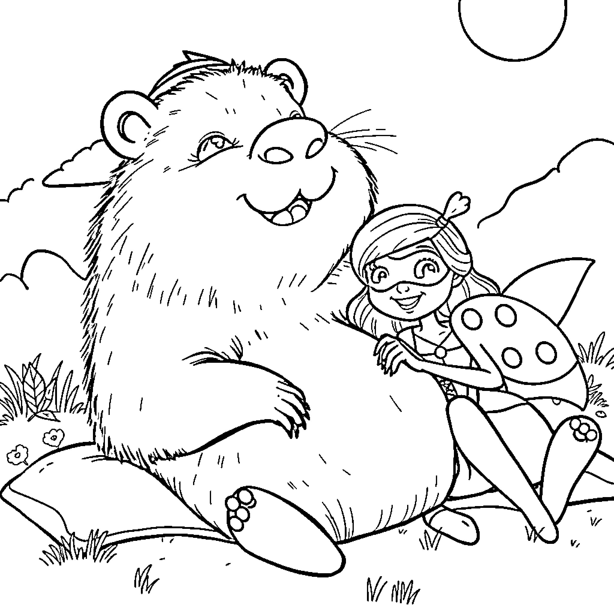 Capybara and girl playing in the meadow Coloring Page (free black-and-white line drawing printable PDF for all, from beginners to advanced learners, including children, teens, adults, and seniors)