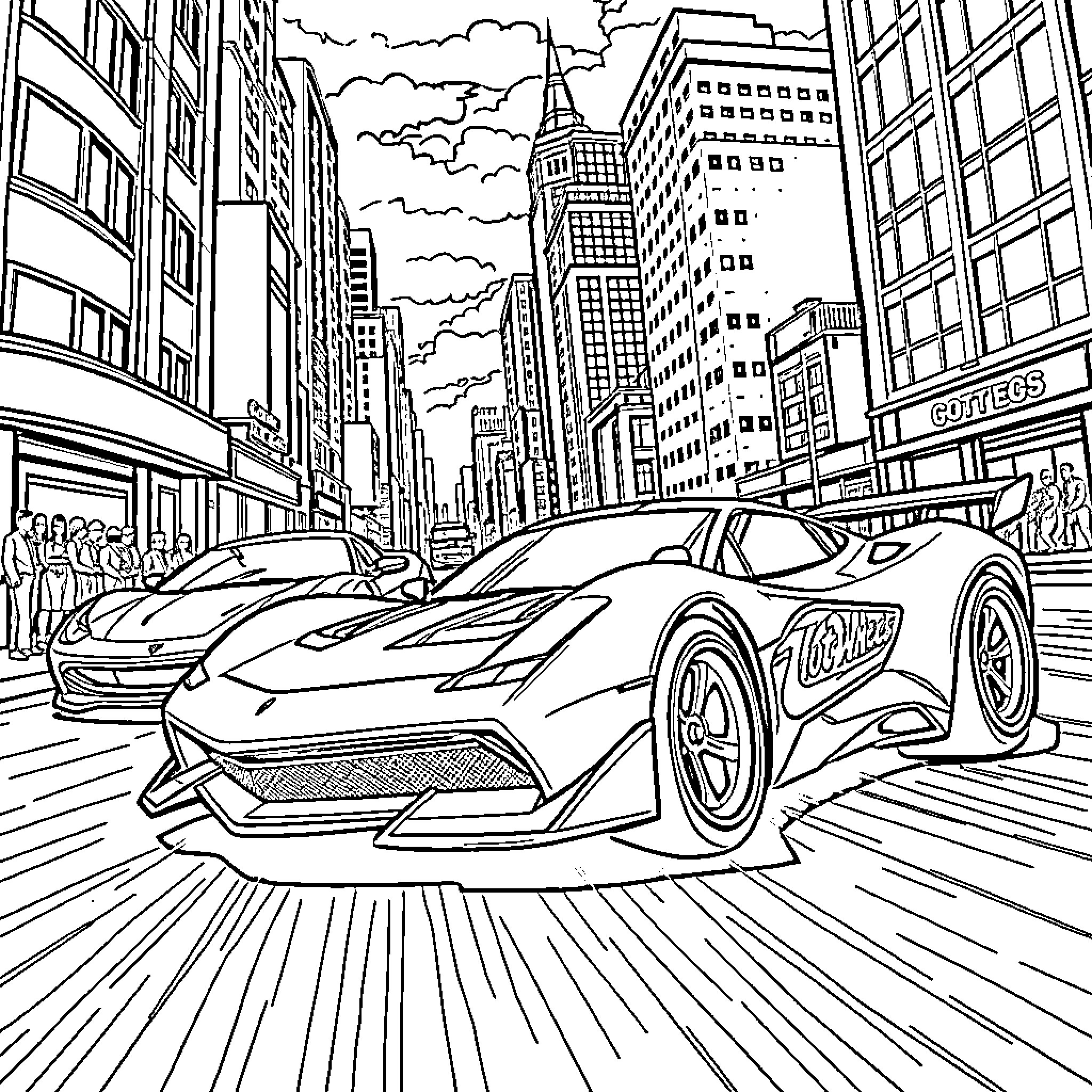 Hot Wheels speeding through the bustling city streets Coloring Page (free black-and-white line drawing printable PDF for all, from beginners to advanced learners, including children, teens, adults, and seniors)