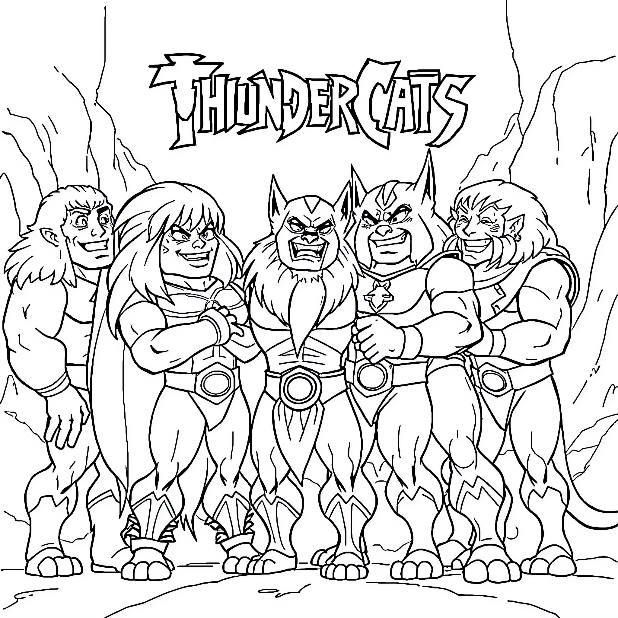 Thundercats Warriors Standing Firm in Battle Coloring Page (free black-and-white line drawing printable PDF for all, from beginners to advanced learners, including children, teens, adults, and seniors)