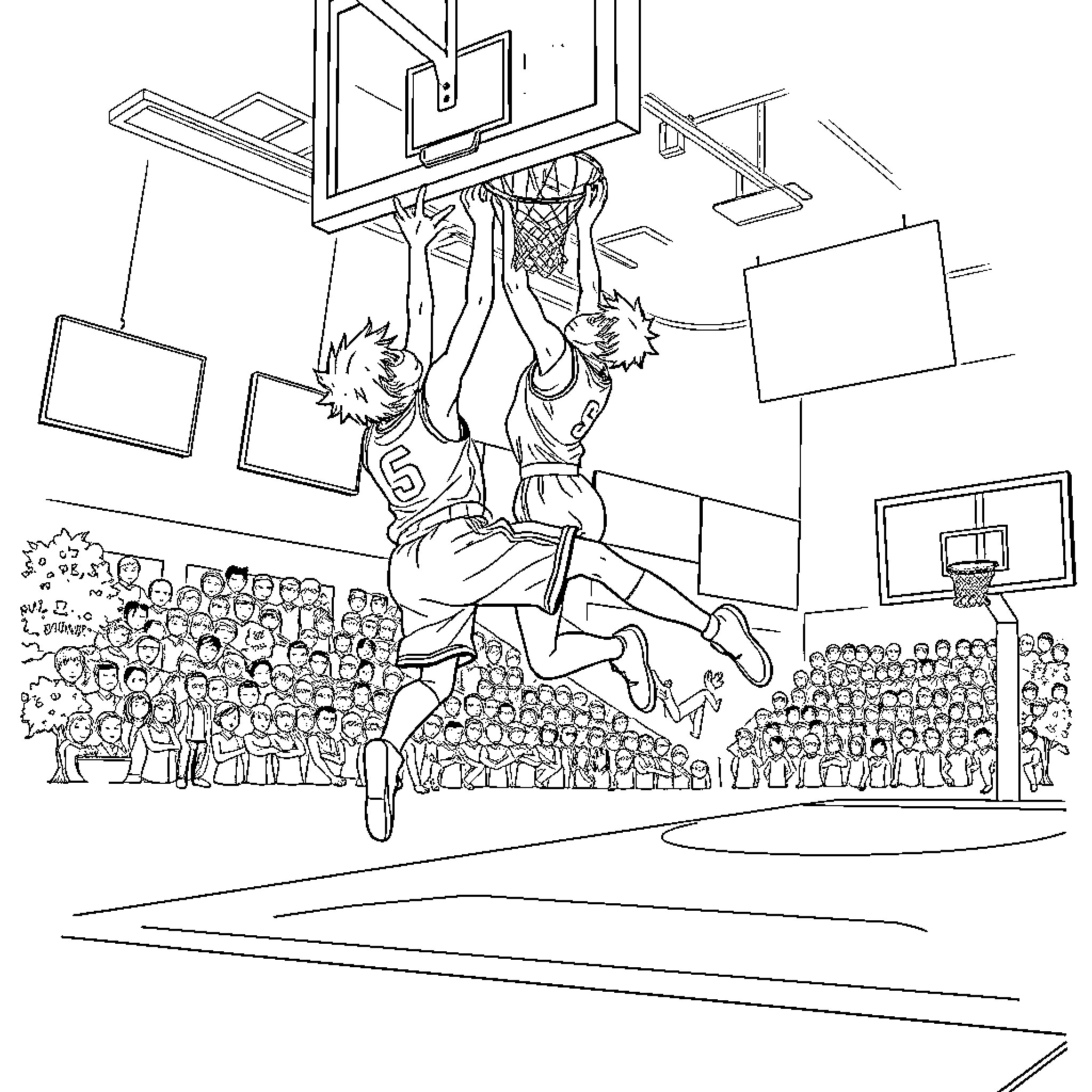 Kuroko's Basketball Team Performing Intense Slam Dunk Coloring Page (free black-and-white line drawing printable PDF for all, from beginners to advanced learners, including children, teens, adults, and seniors)