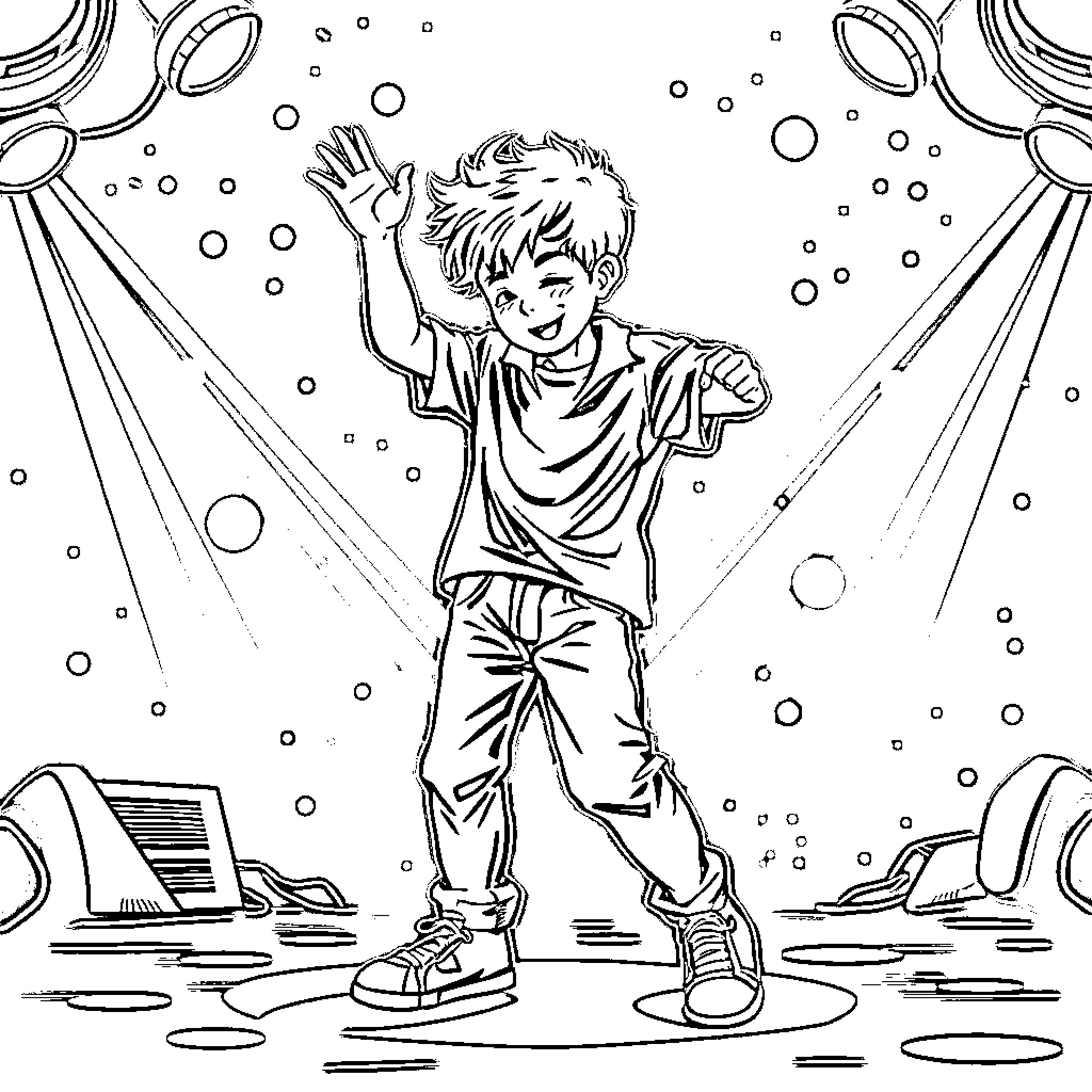 Boy playing joyfully in the rain Coloring Page (free black-and-white line drawing printable PDF for all, from beginners to advanced learners, including children, teens, adults, and seniors)