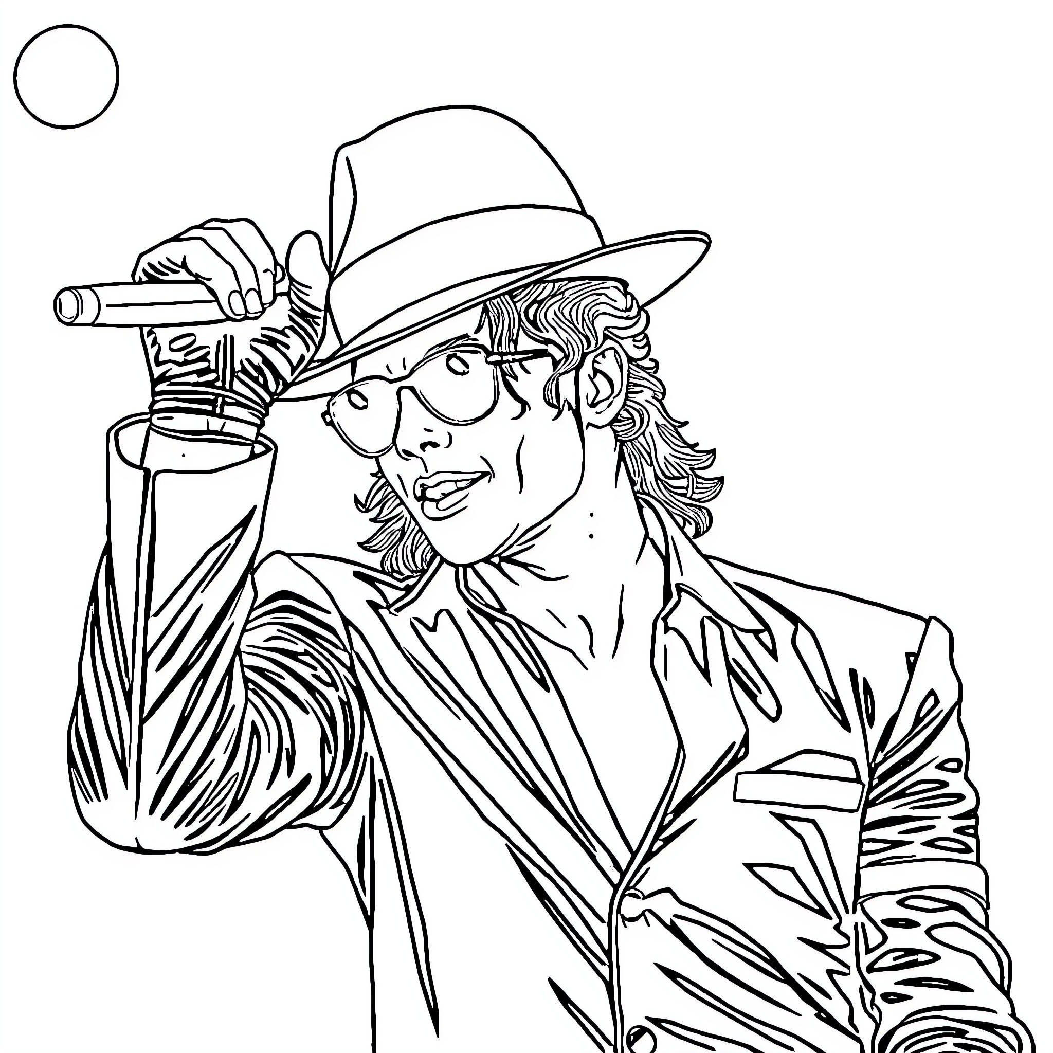 Michael Jackson performing on stage with microphone Coloring Page (free black-and-white line drawing printable PDF for all, from beginners to advanced learners, including children, teens, adults, and seniors)