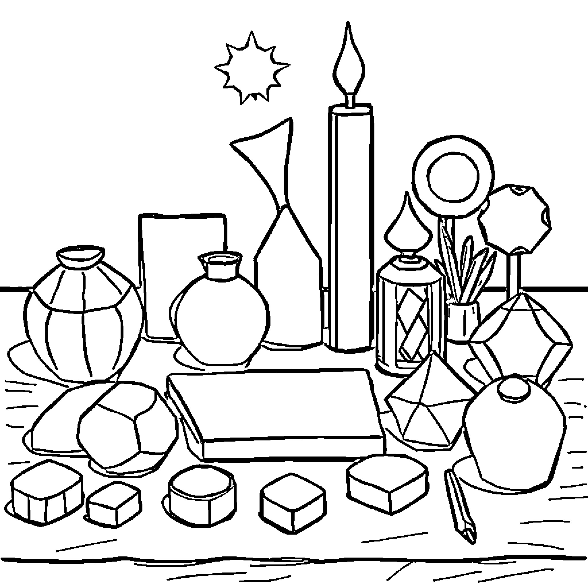 Shape of Geometric Artistic Objects Coloring Page (free black-and-white line drawing printable PDF for all, from beginners to advanced learners, including children, teens, adults, and seniors)