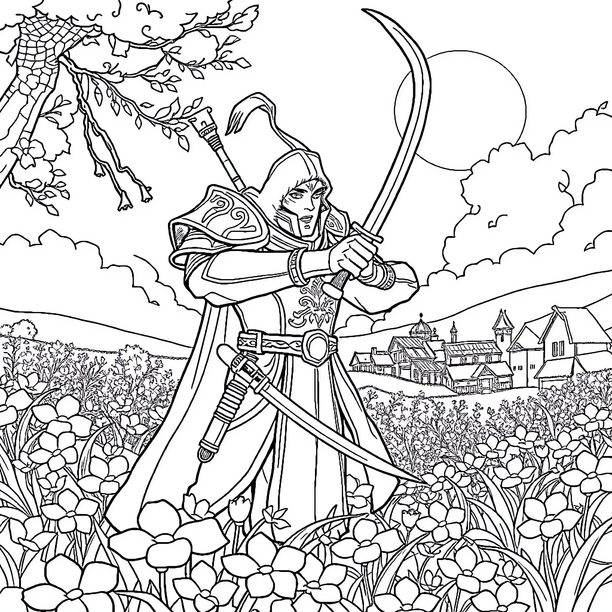 Samurai Warrior Wielding Sword in Scenic Landscape Coloring Page (free black-and-white line drawing printable PDF for all, from beginners to advanced learners, including children, teens, adults, and seniors)