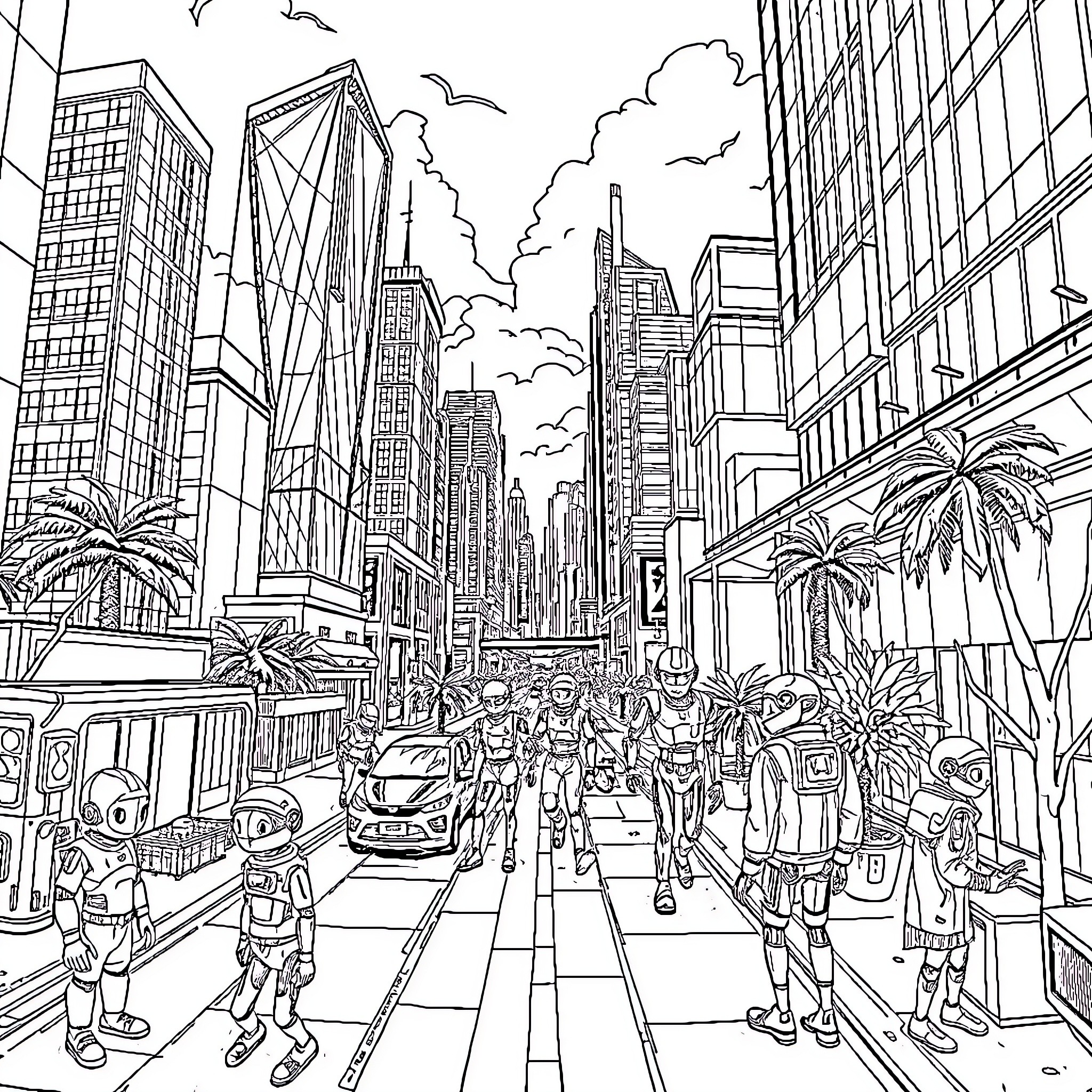 Robot characters in a busy city street scene Coloring Page (free black-and-white line drawing printable PDF for all, from beginners to advanced learners, including children, teens, adults, and seniors)
