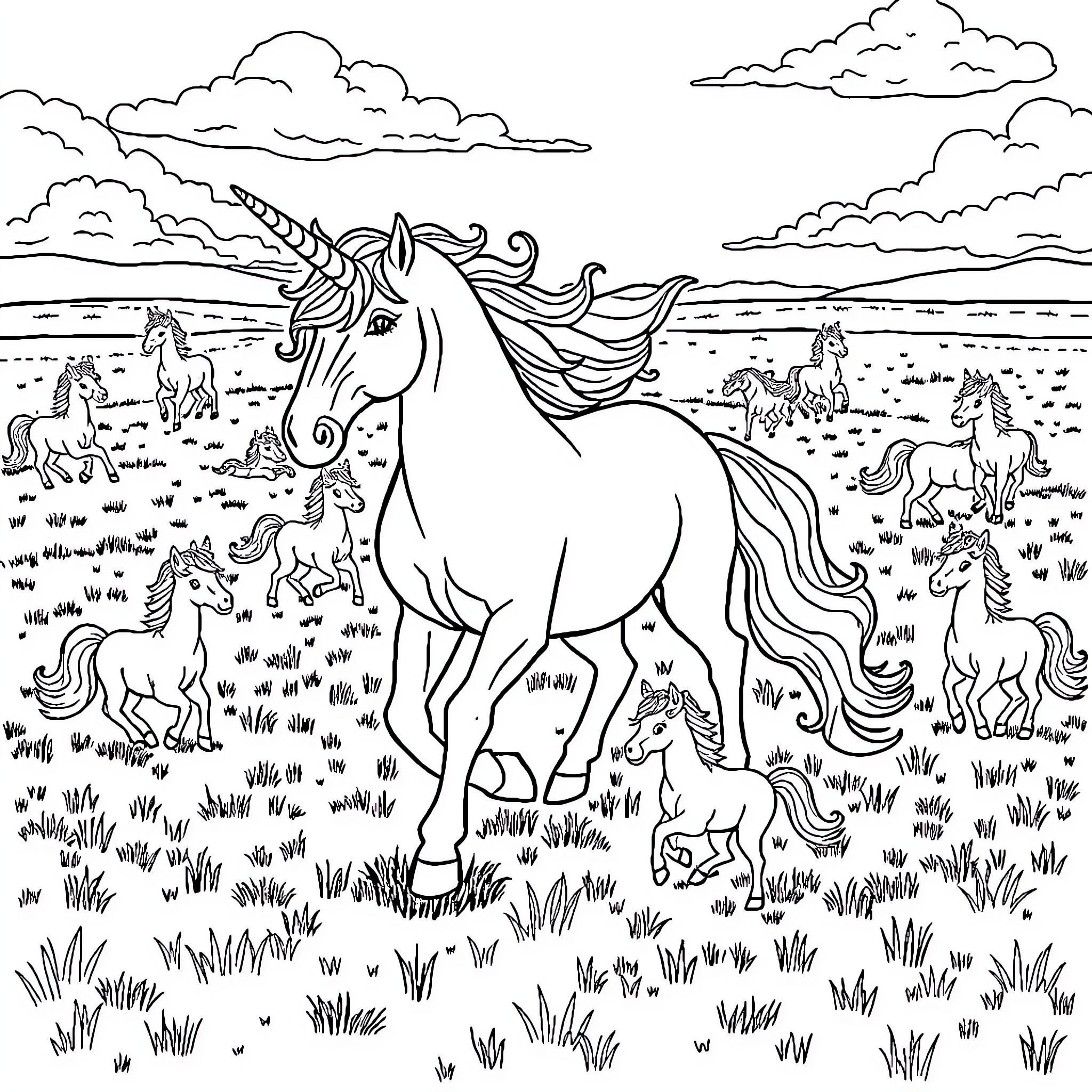 Unicorn Family Enjoying the Meadow Coloring Page (free black-and-white line drawing printable PDF for all, from beginners to advanced learners, including children, teens, adults, and seniors)
